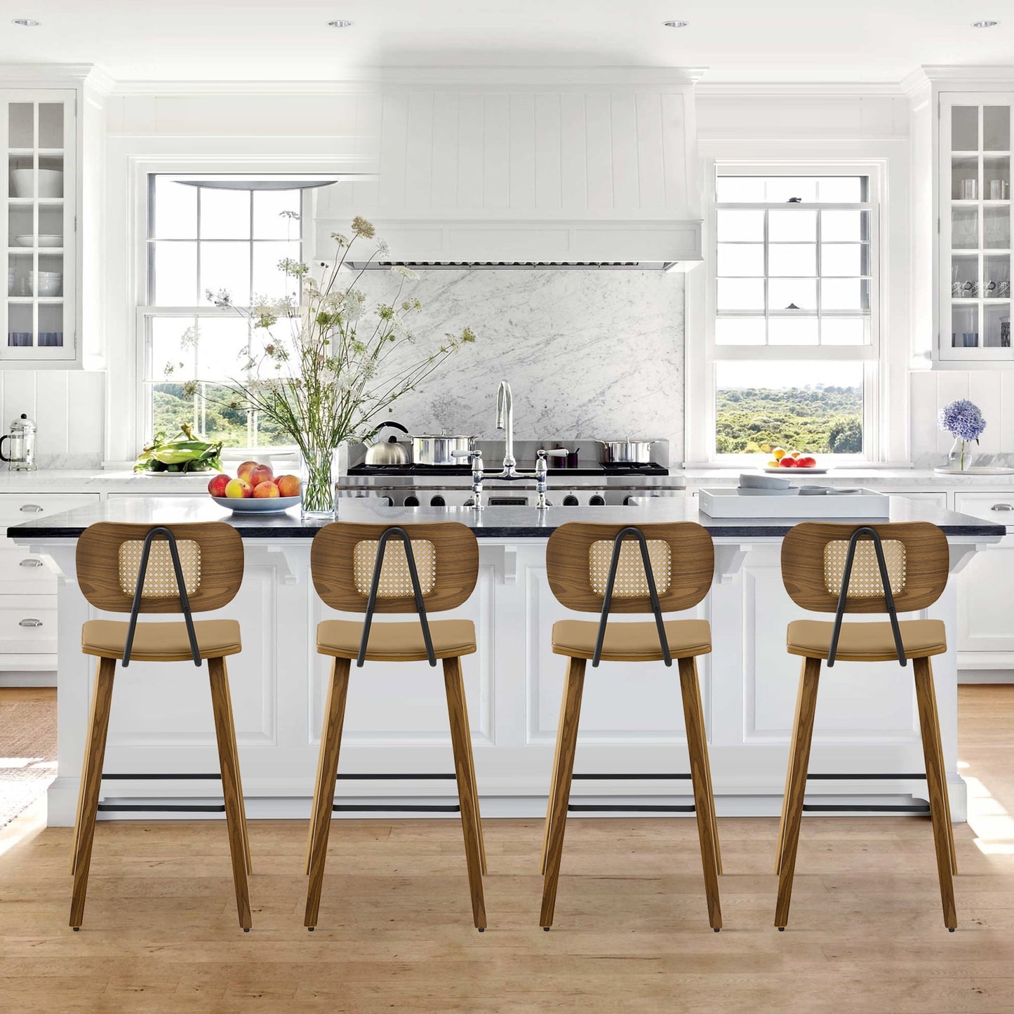 26in Counter Height Bar Stools with Rattan Back, Mid Century Modern Wooden Stool PU Leather Upholstered Bar Chair for Kitchen Island Dining Room, Light Brown