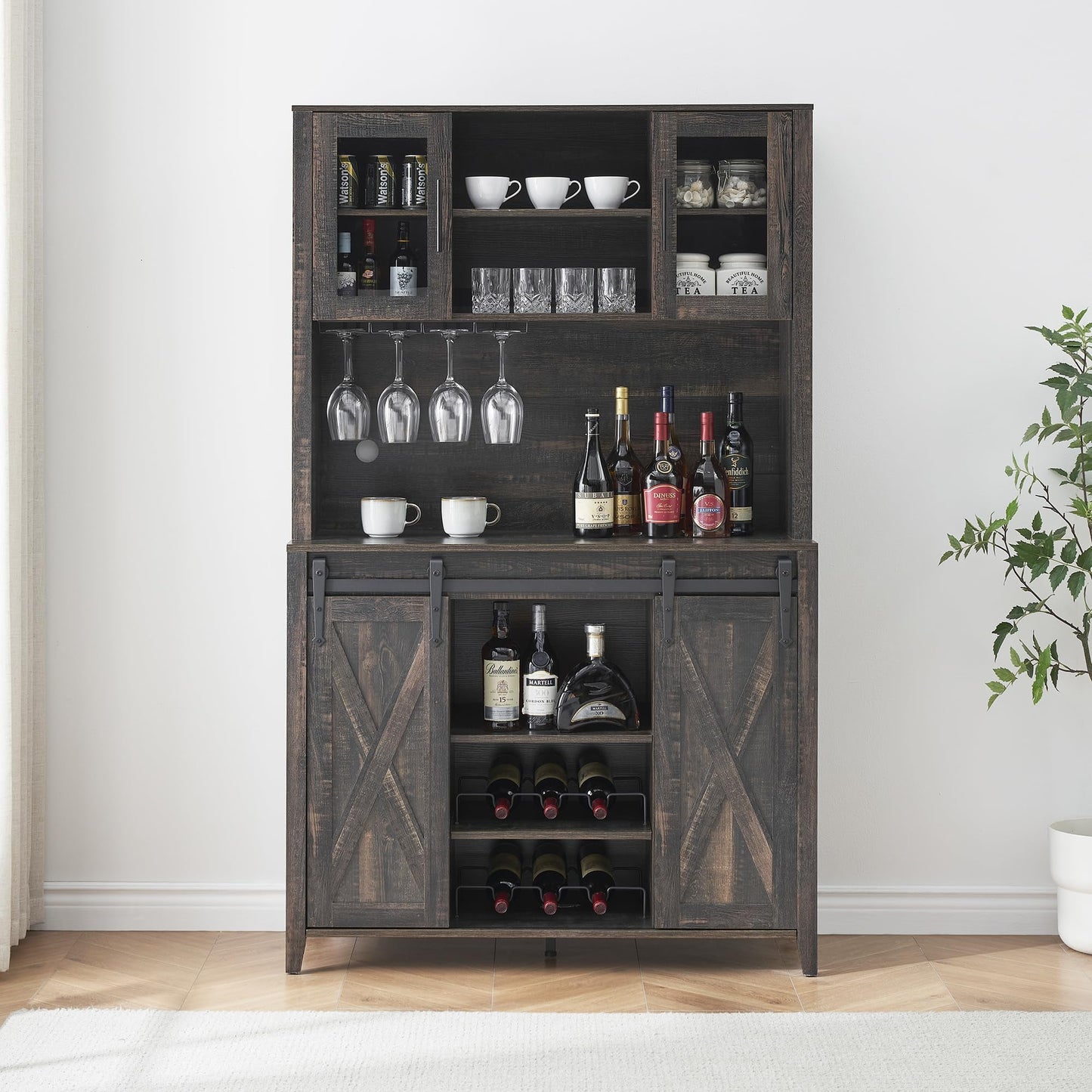 2024 New Farmhouse Coffee Bar Cabinet with Sliding Barn Door, 72in Tall Buffet Cabinet with Storage Shelves, Liquor Cabinet with Wine and Glasses Rack,Sideboard Cupboard for Kitchen,Dining Room