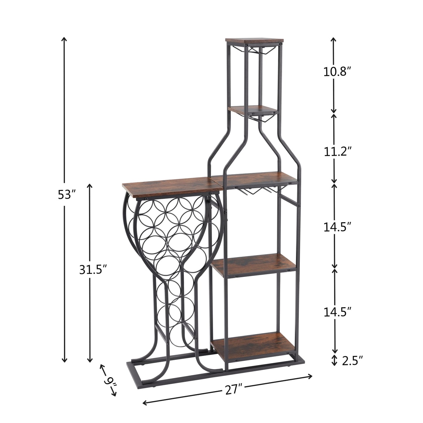 Elegant 5-Tier Freestanding Wine Bakers Rack with Hanging Wine Glass Holder - 11 Bottle Capacity Storage Shelves for Liquor and Wine in Kitchen or Dining Room - Stylish Wine Storage Home
