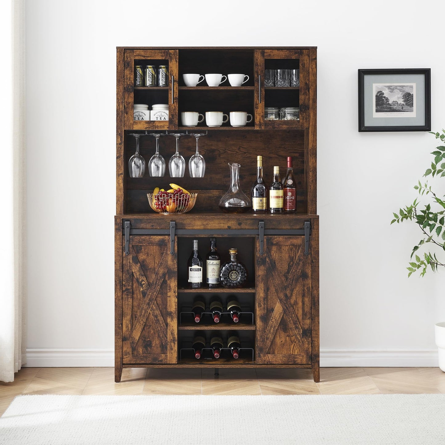 2024 New Farmhouse Coffee Bar Cabinet with Sliding Barn Door, 72in Tall Buffet Cabinet with Storage Shelves, Liquor Cabinet with Wine and Glasses Rack,Sideboard Cupboard for Kitchen,Dining Room