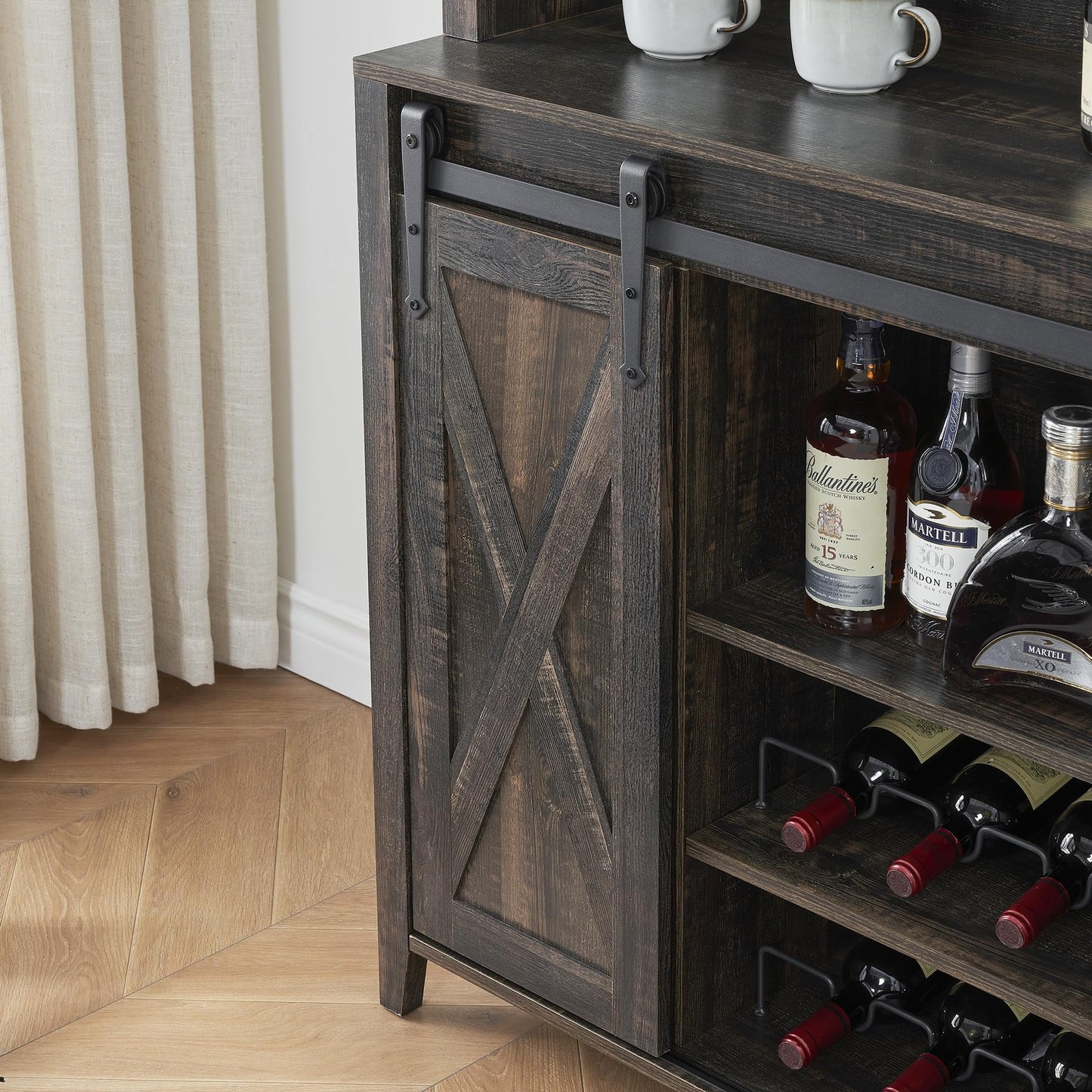 2024 New Farmhouse Coffee Bar Cabinet with Sliding Barn Door, 72in Tall Buffet Cabinet with Storage Shelves, Liquor Cabinet with Wine and Glasses Rack,Sideboard Cupboard for Kitchen,Dining Room