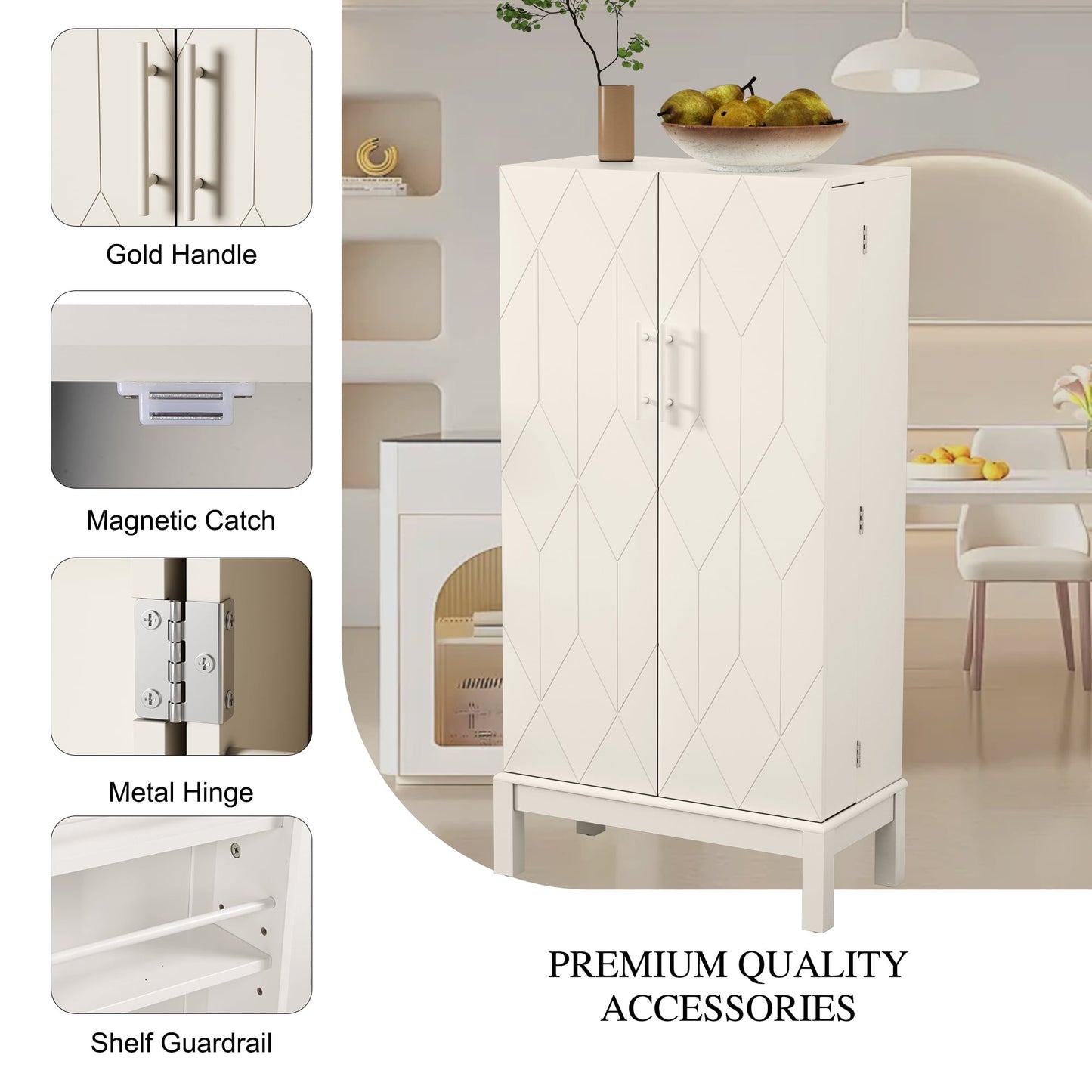 CBJCBJ 45in H Modern Kitchen Pantry Cabinet with 2-Door Adjustable Shelves and Golden Feet, White