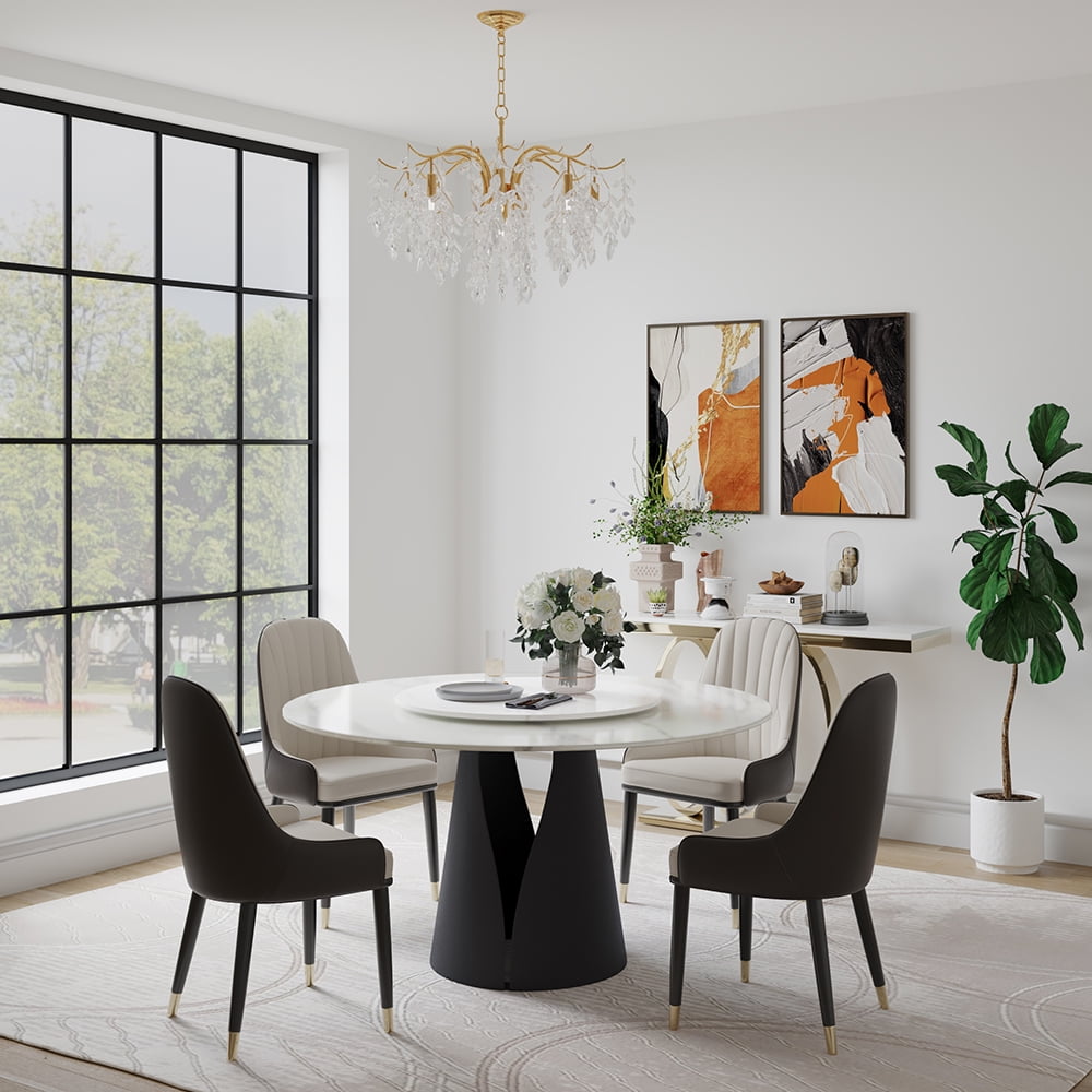 POVISON 59in Modern Round Matte White Dining Table For 6 with Lazy Susan, Sintered Stone Tabletop, Solid Black Carbon Steel Base