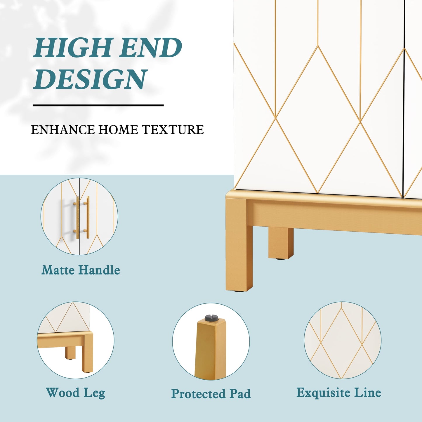 CBJCBJ 45in H Modern Kitchen Pantry Cabinet with 2-Door Adjustable Shelves and Golden Feet, White