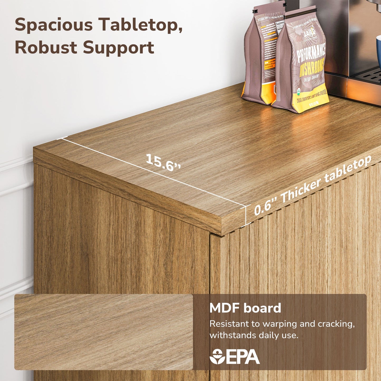 BELLEZE Sideboard Buffet Cabinet, 63in Storage Cabinet with 4 Doors and Adjustable Shelves, Sideboard Cabinet for Dinning Room, Kitchen & Living Room - Colemen (Camel)