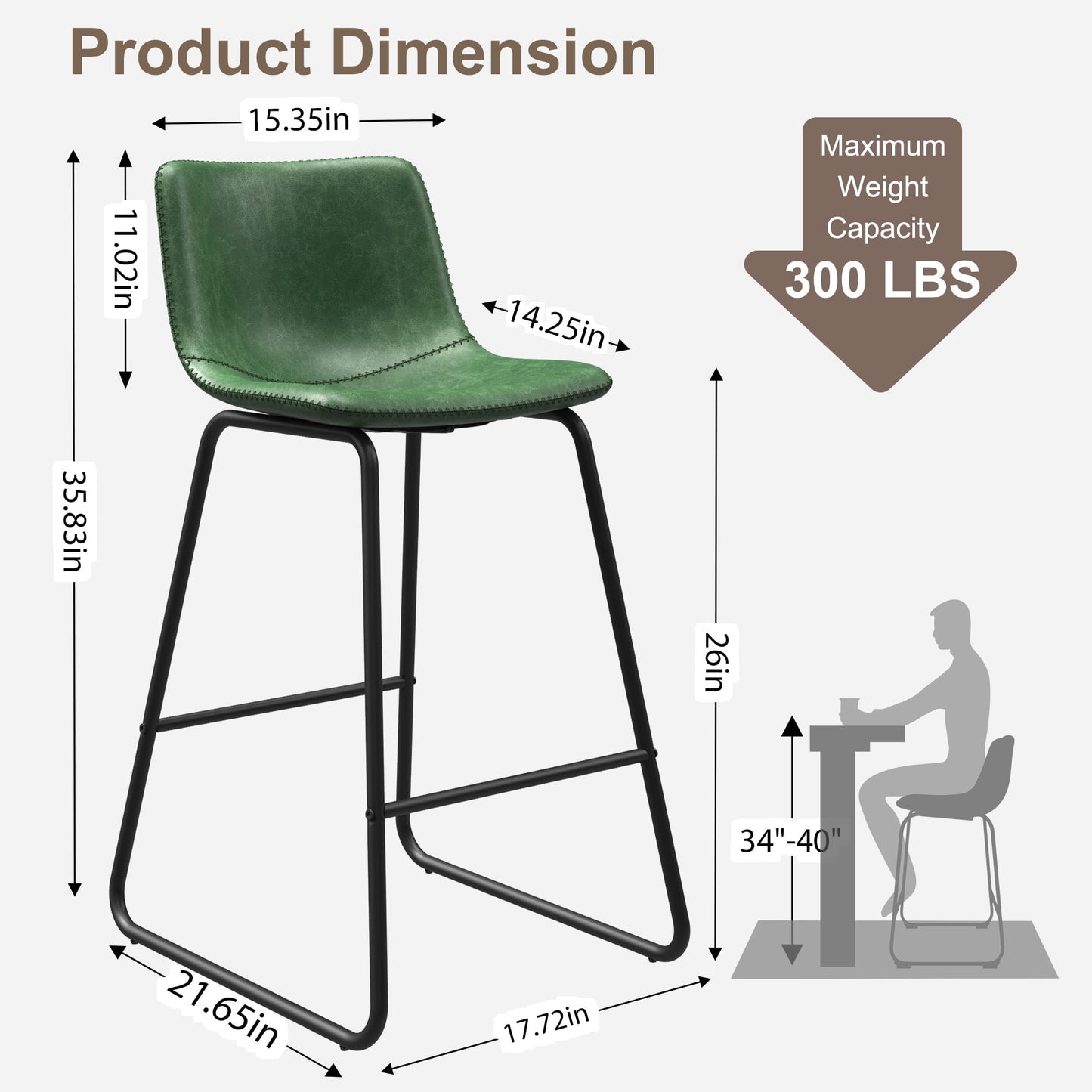 YaFiti Bar Stools 26in Faux Leather Counter Height Barstools with Back Set of 3, Modern Counter Stools with Metal Legs and Footrest, Armless Chairs with Back for Kitchen Living Room Pub, Green