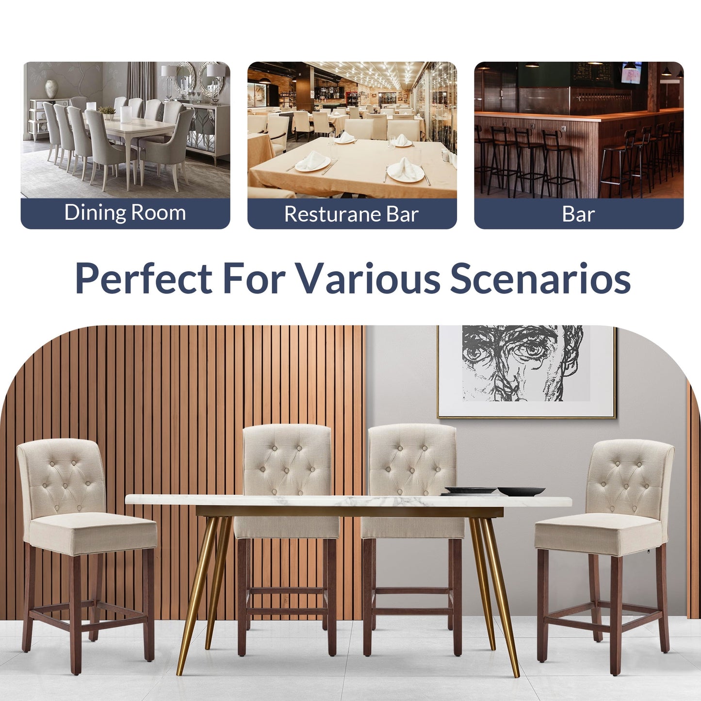 BELLEZE Counter Height Bar Stools for Kitchen Island Set of 4, Modern Counter Stools Button Tufted Upholstered Barstools Island Chairs Farmhouse High Back Dining Room Chairs - Calila (Natural)