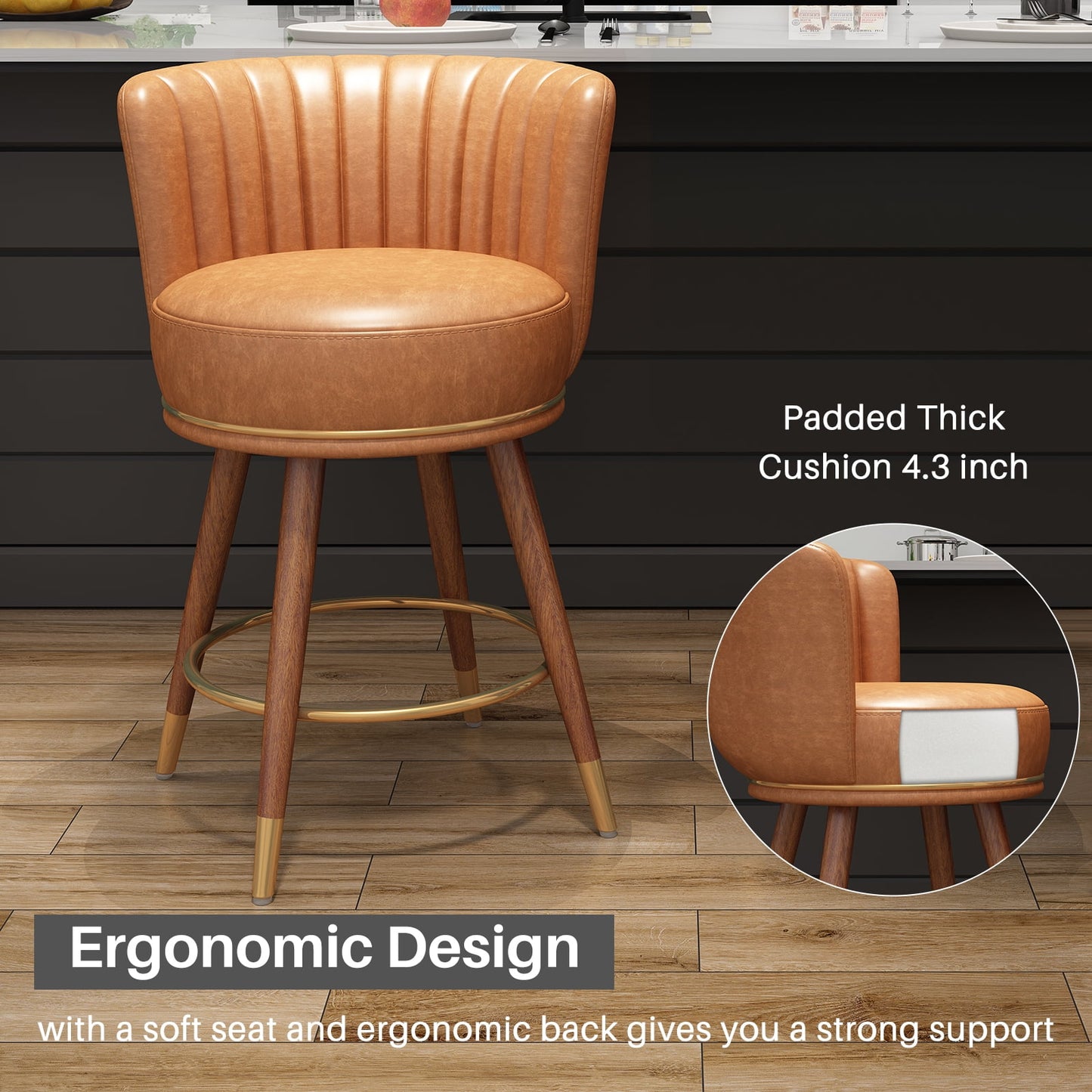 HomeZeer 24 Swivel Bar Stools Set of 4, Counter Height, Curved Backrest, Wood Legs, Brown