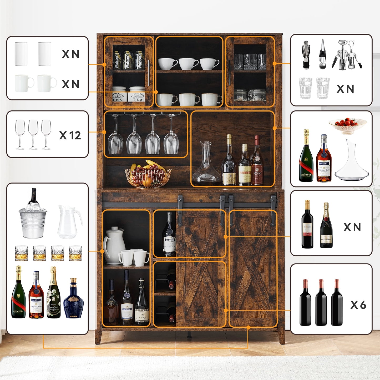 2024 New Farmhouse Coffee Bar Cabinet with Sliding Barn Door, 72in Tall Buffet Cabinet with Storage Shelves, Liquor Cabinet with Wine and Glasses Rack,Sideboard Cupboard for Kitchen,Dining Room