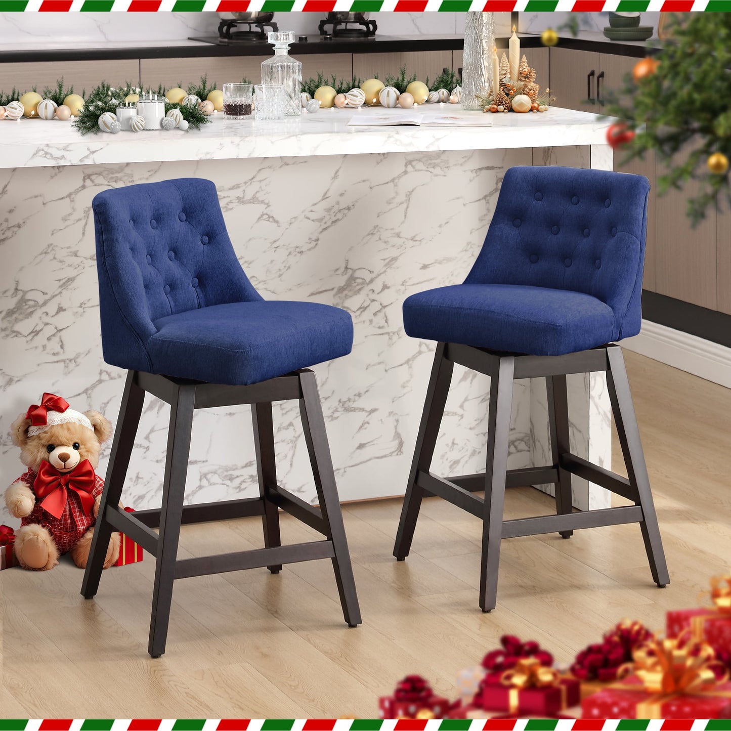 TEWLOSS Swivel Bar Stools Set of 2 Linen Fabric Barstools for Kitchen Island (29in , Blue)