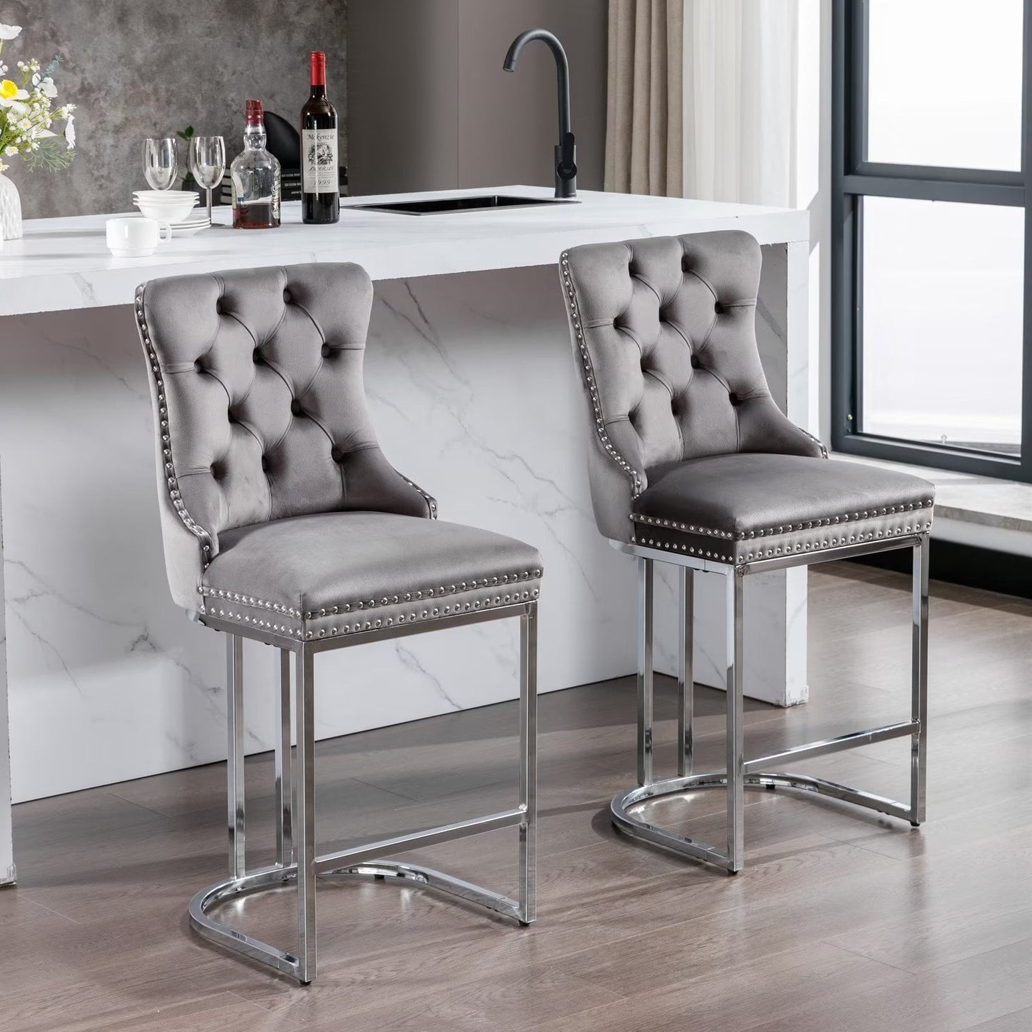 26inch Barstools Set of 2, Velvet Button Tufted Counter Height Bar Stools with Nail Head Trims, Upholstered Bar Chair with Wingback and Metal Footrest for Kitchen Island, Home Bar, Beige