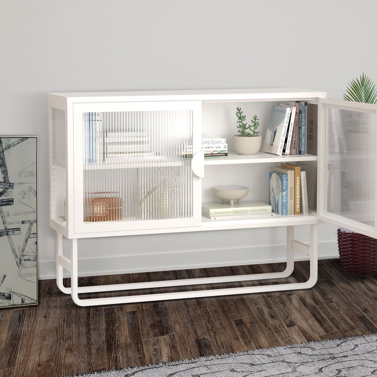 2-Tier Stylish Tempered Glass Cabinet, Fluted Glass Sideboard Buffet Cabinet with 2 Door, Modern Enclosed Cupboard Adjustable Shelf U-shaped Leg for Kitchen Living Room ,Blue