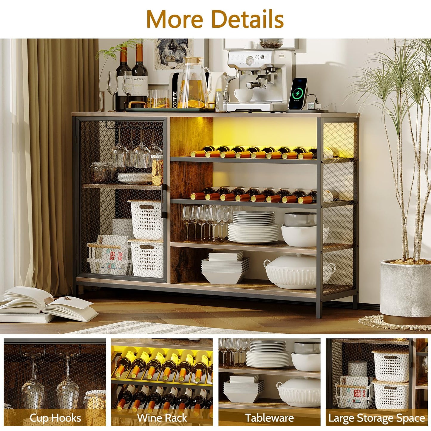 2024 New Bar Cabinet Wine Cabinet with Power Outlets, Liquor Cabinet with RGB Led Lights and Glass Holder, Storage Buffet Cabinet Coffee Bar Cabinet for Liquor, for Living Room