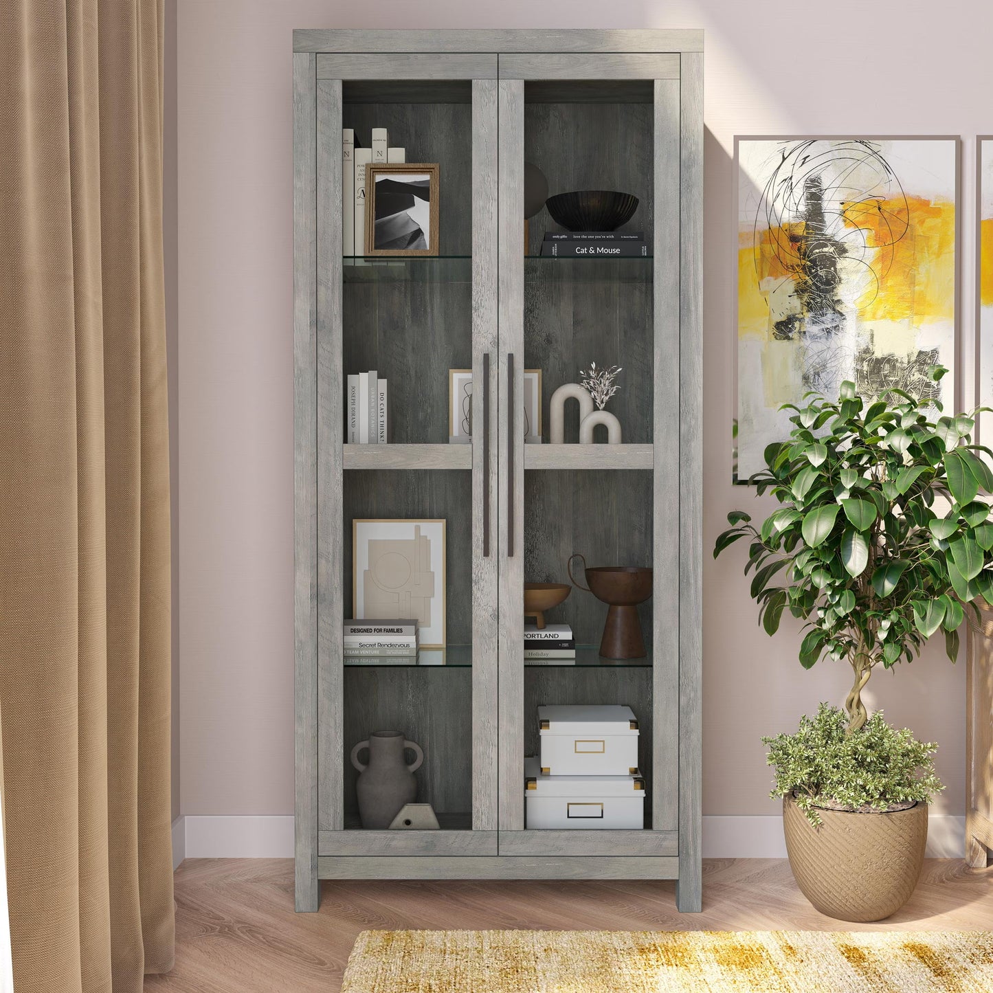 BELLEZE Modern Wooden Curio Cabinet with Adjustable Shelves (Gray Wash)