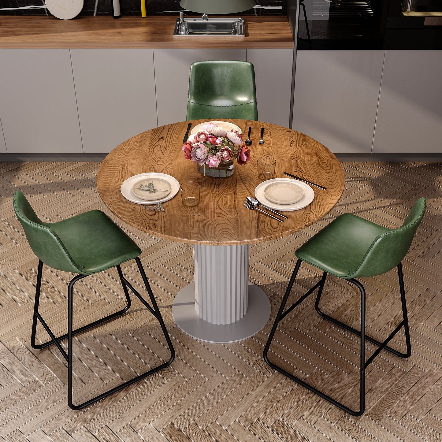 YaFiti Bar Stools 26in Faux Leather Counter Height Barstools with Back Set of 3, Modern Counter Stools with Metal Legs and Footrest, Armless Chairs with Back for Kitchen Living Room Pub, Green