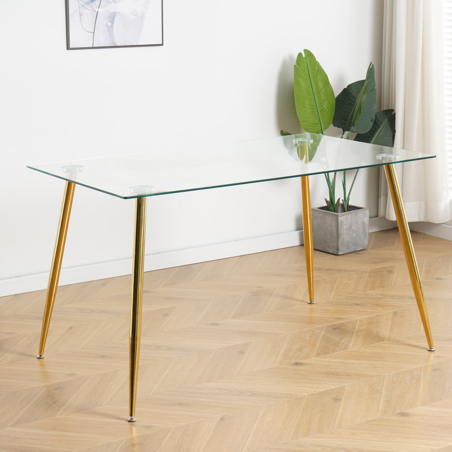 29.5H?Æù Kitchen Glass Dining Table with Chrome Metal Legs, Modern Rectangular Tempered Glass Table top for Kitchen & Dining Tables, Golden Table Legs