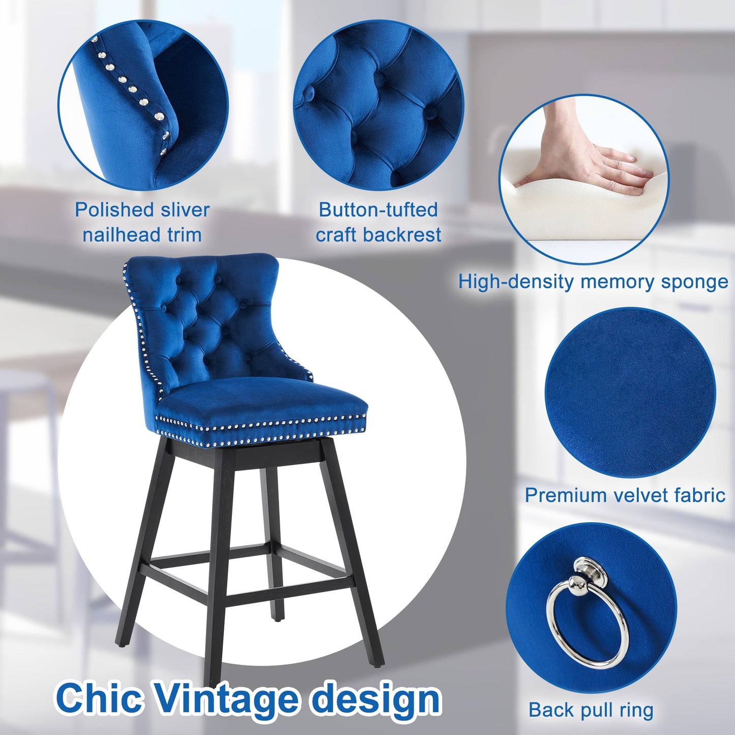 TEWLOSS Swivel Counter Height Bar Stools Set of 2 Velvet Barstools for Kitchen Island (26in , Blue)