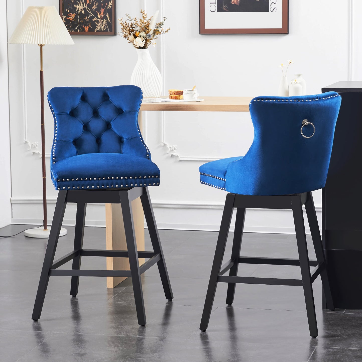 TEWLOSS Swivel Counter Height Bar Stools Set of 2 Velvet Barstools for Kitchen Island (26in , Blue)