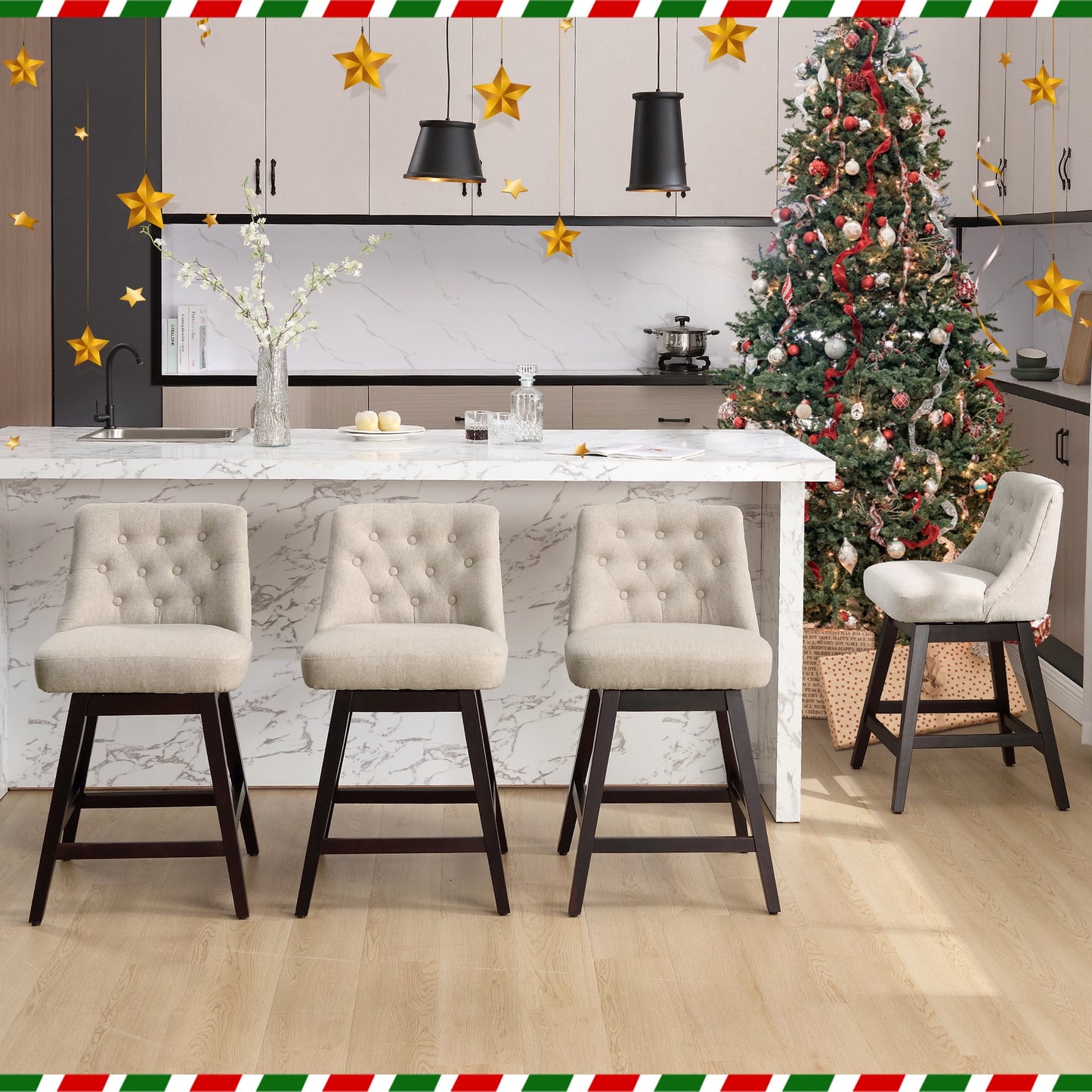 TEWLOSS Bar Stools Set of 4 Fabric Swivel Counter Height Bar Stools for Kitchen Island (26in , Beige)