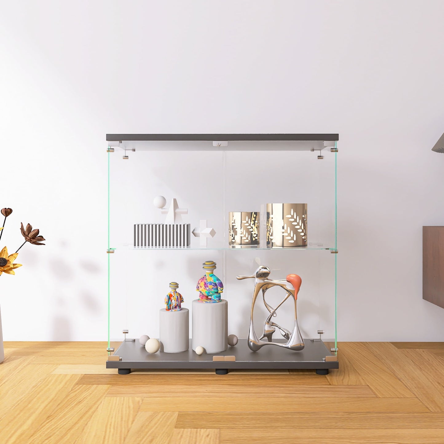 2-Tier Glass Display Cabinet with Double Doors, Standing Tempered Glass Display Shelf for Collectibles, Floor Standing Bookshelf for Living Room, Office, Black