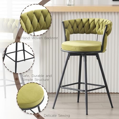 26 inch Bar Stool Set of 2, 360?? Swivel Counter Barstool with Backrest, Upholstered Hand-Woven Barstool, Modern Bar Chair with Footrest ,Green