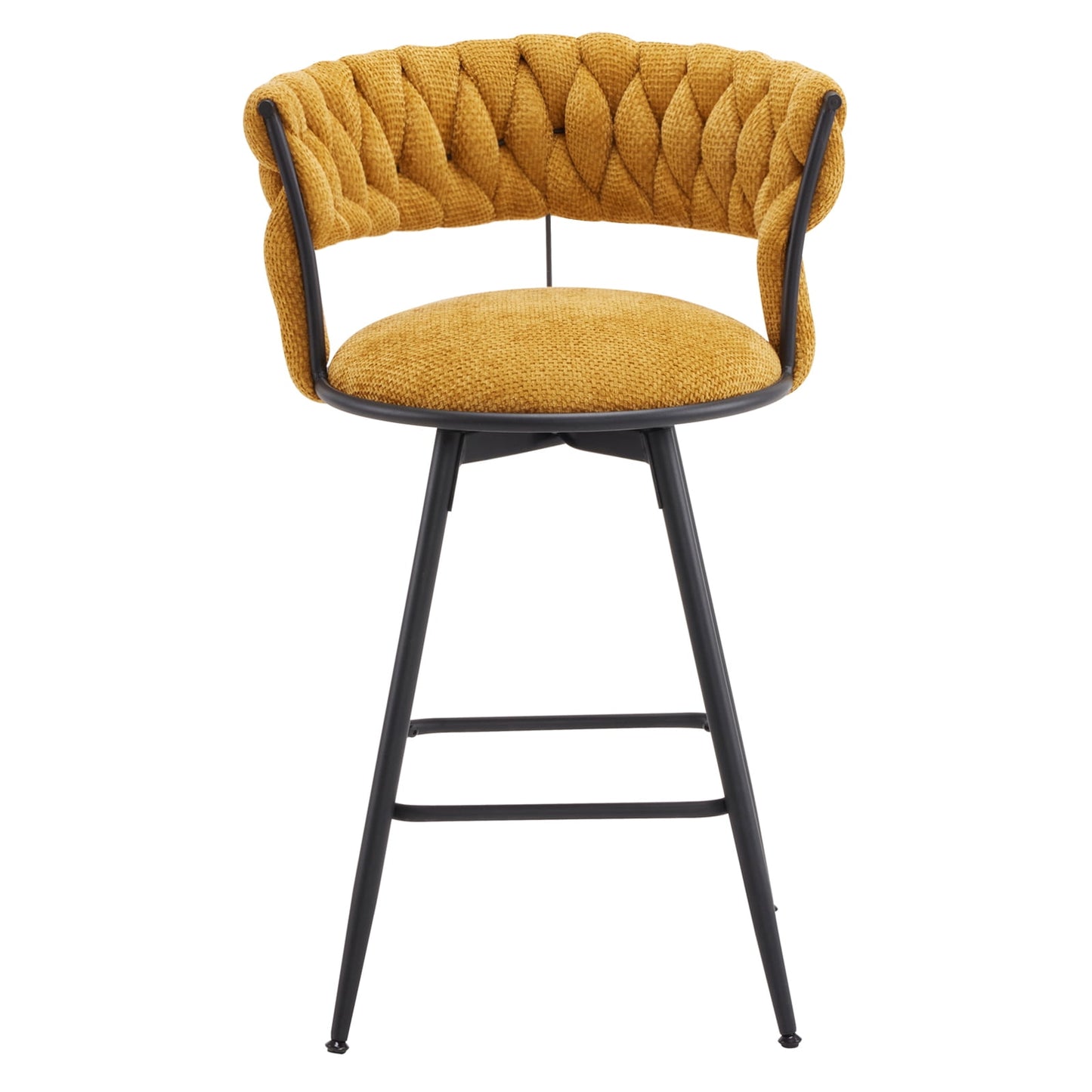 26 inch Bar Stool Set of 2, 360?? Swivel Counter Barstool with Backrest, Upholstered Hand-Woven Barstool, Modern Bar Chair with Footrest ,Yellow