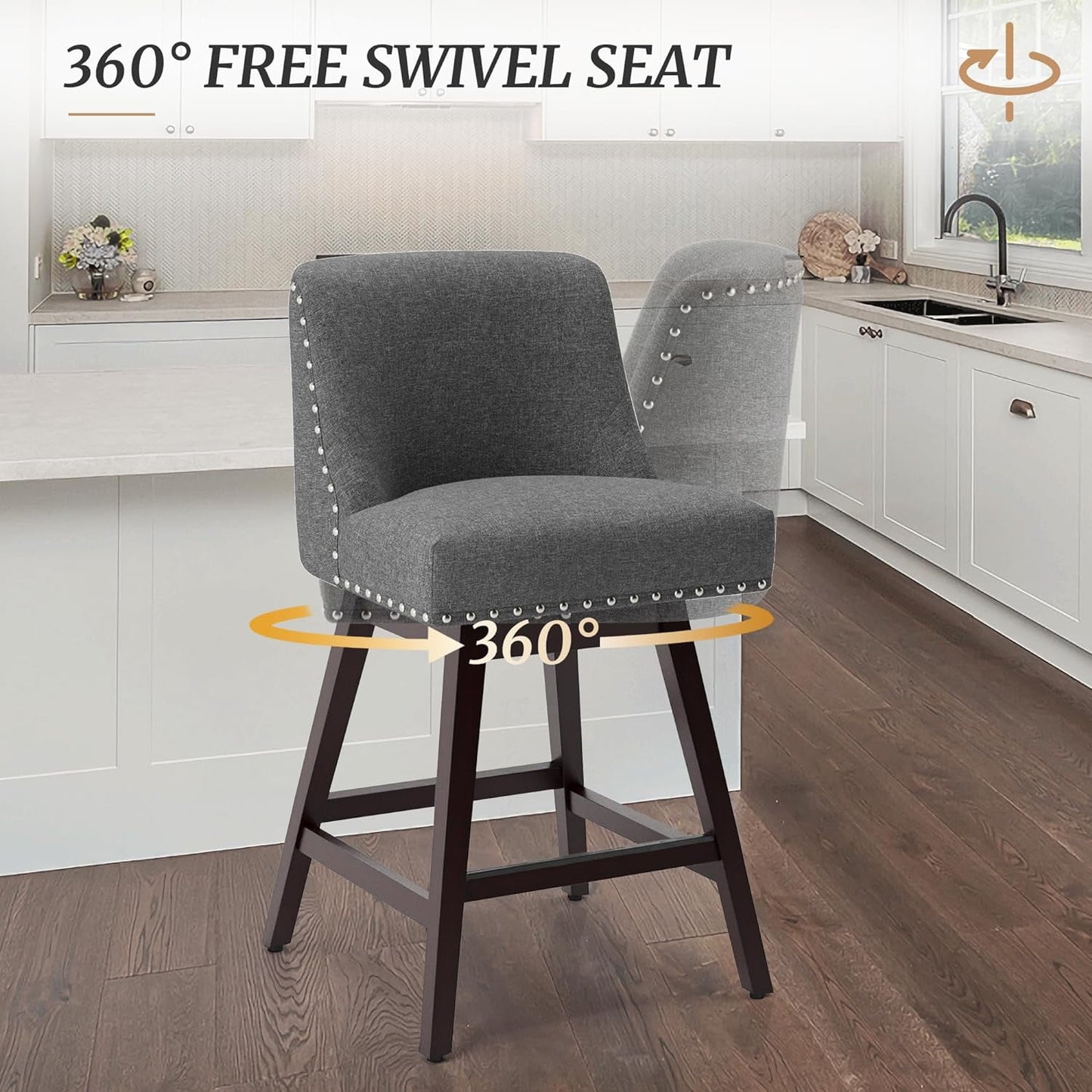 Dycanpo 26in H Swivel Counter Stools Set of 2 with Back Linen Fabric for Home Kitchen Island, Gray