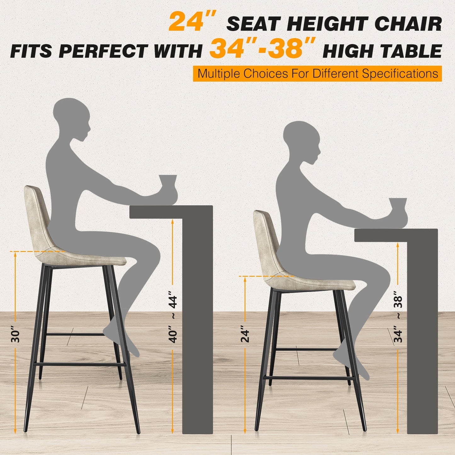 24 Tech Cloth Counter Height Bar Stools, Beige, Set of 2, Metal Frame