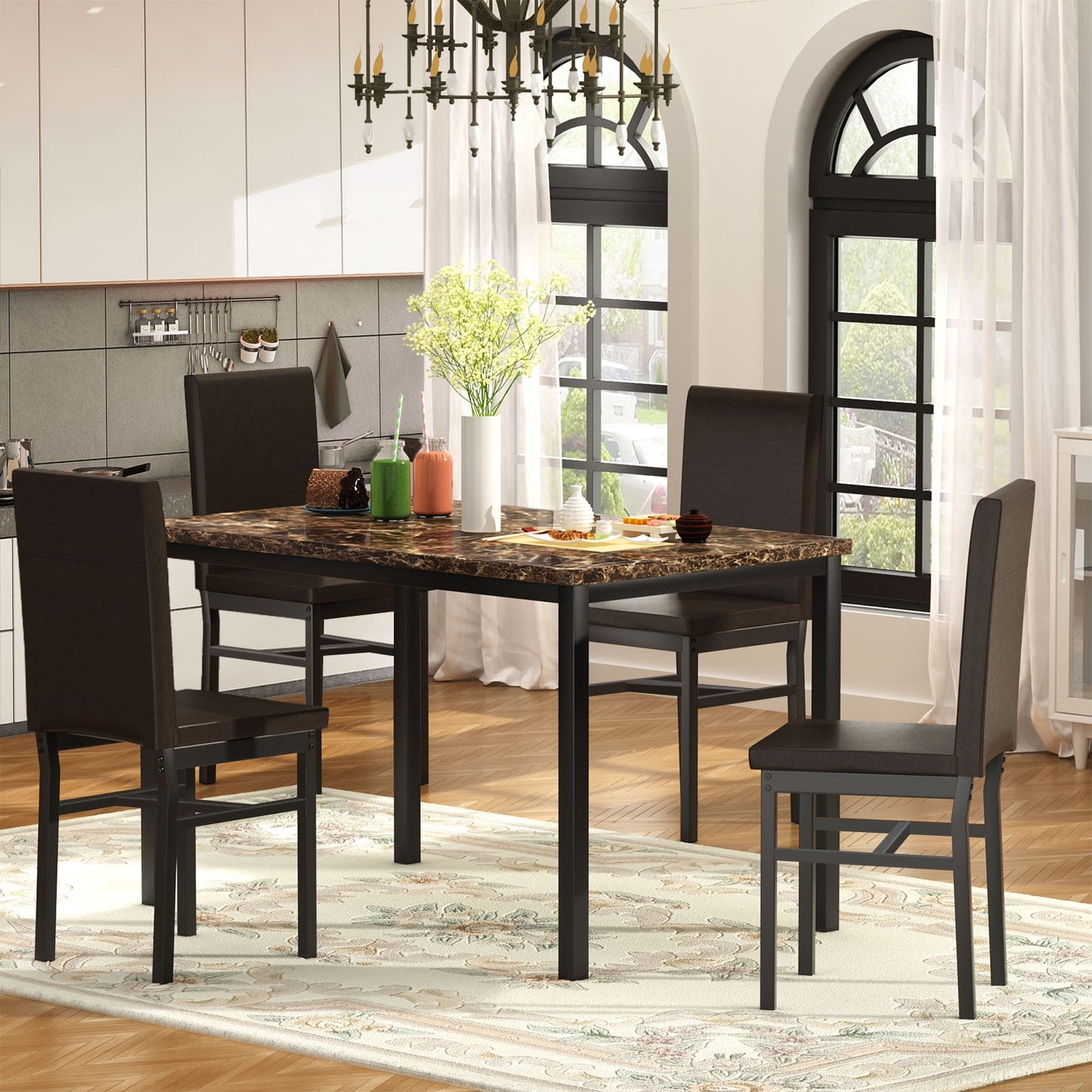 SEGAMRT 5 Piece Dining Table Set for Apartments, Faux Marble Tabletop 4 Leather Chairs Kitchen Dining