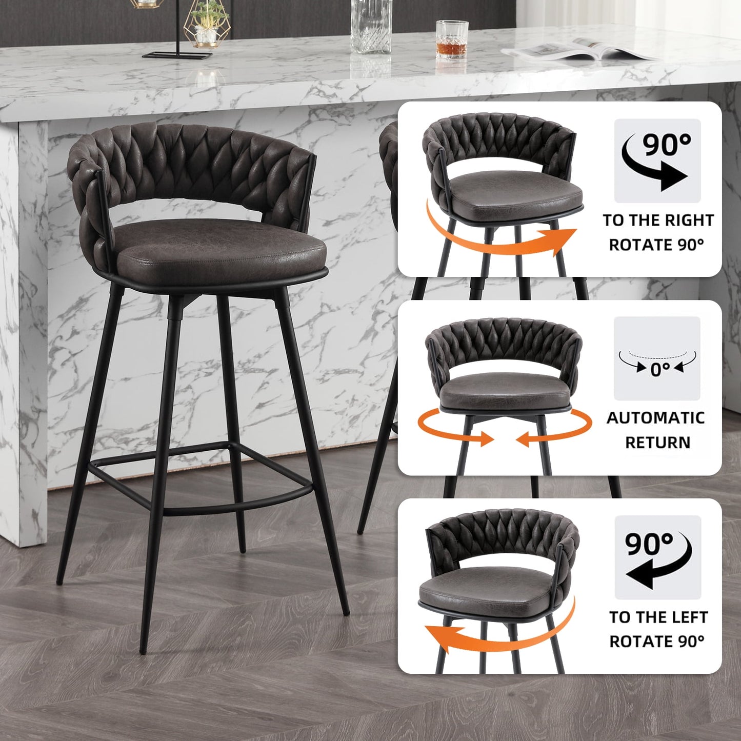 26in Bar Stool Set of 2, Modern Counter Height Barstools with Woven Back and Footrest, 180?? Swivel Suede Fabric Stool Chairs for Kitchen Island, Cafe, Pub, Blackgray