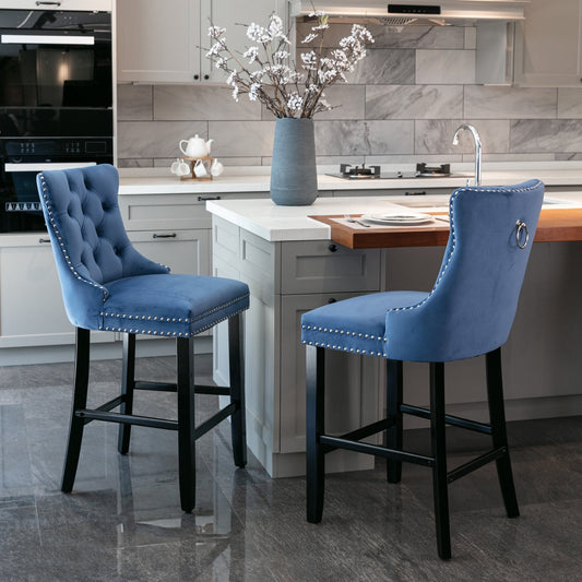 27in Contemporary Padded Bar Stools, Tufted Velvet Upholstered Barstools with Button Tufted Decoration, Chrome Nailhead Trim, Footrest and Solid Wood Legs (Blue,Set of 2)