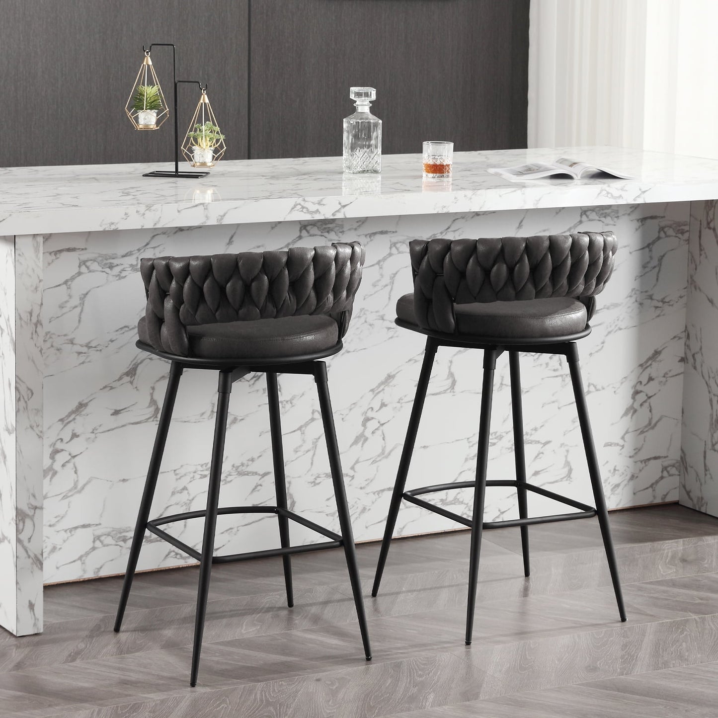 BFZ Bar Stools Set of 2, Counter Height Barstools with Woven Back and Footrest, 30in Modern Upholstered Kitchen Island Chairs for Cafe, Pub, Bar Counter, Blackgrey