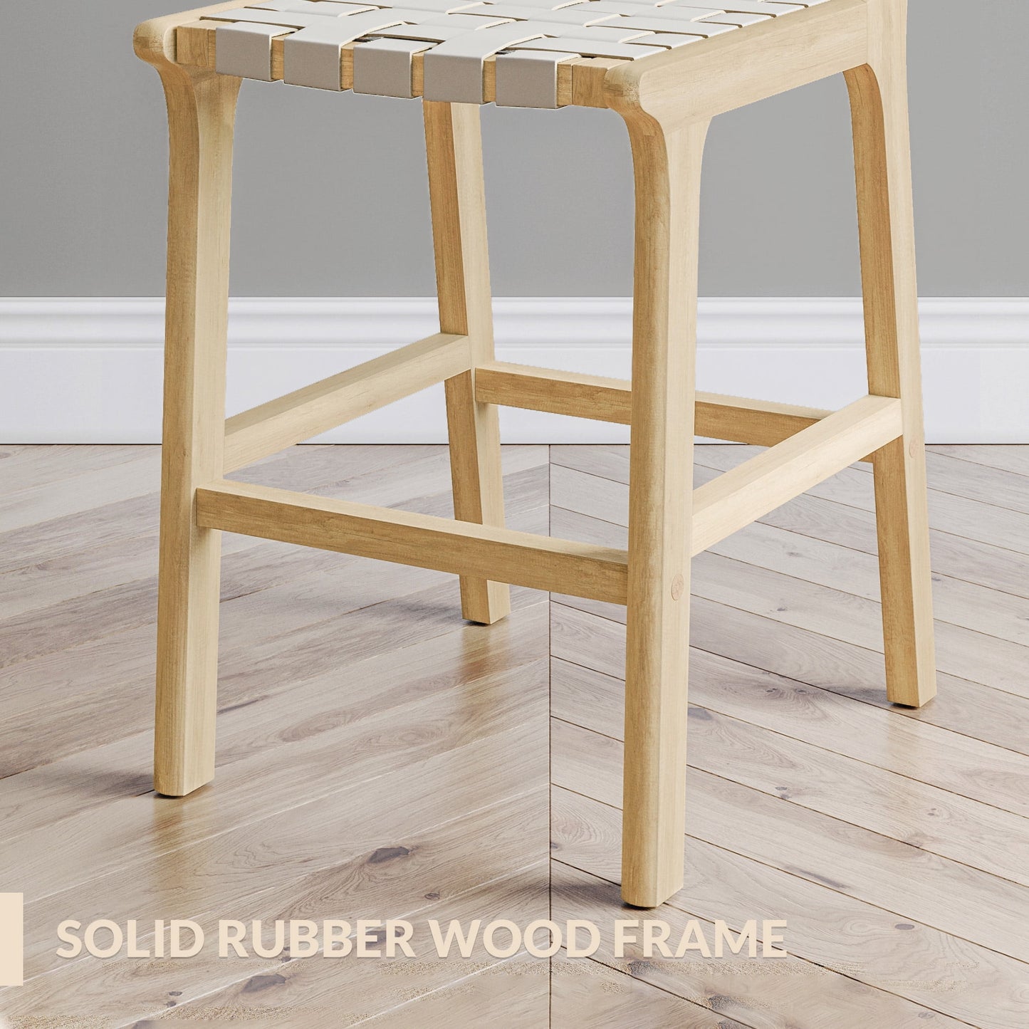 BELLEZE Woven Counter Stools 24 inch Set of 2, Boho Bar Stools with Back Faux Leather Kitchen Stools Island Chairs with Solid Wood Frame for Dining Room Home Kitchen - Morgan (White)