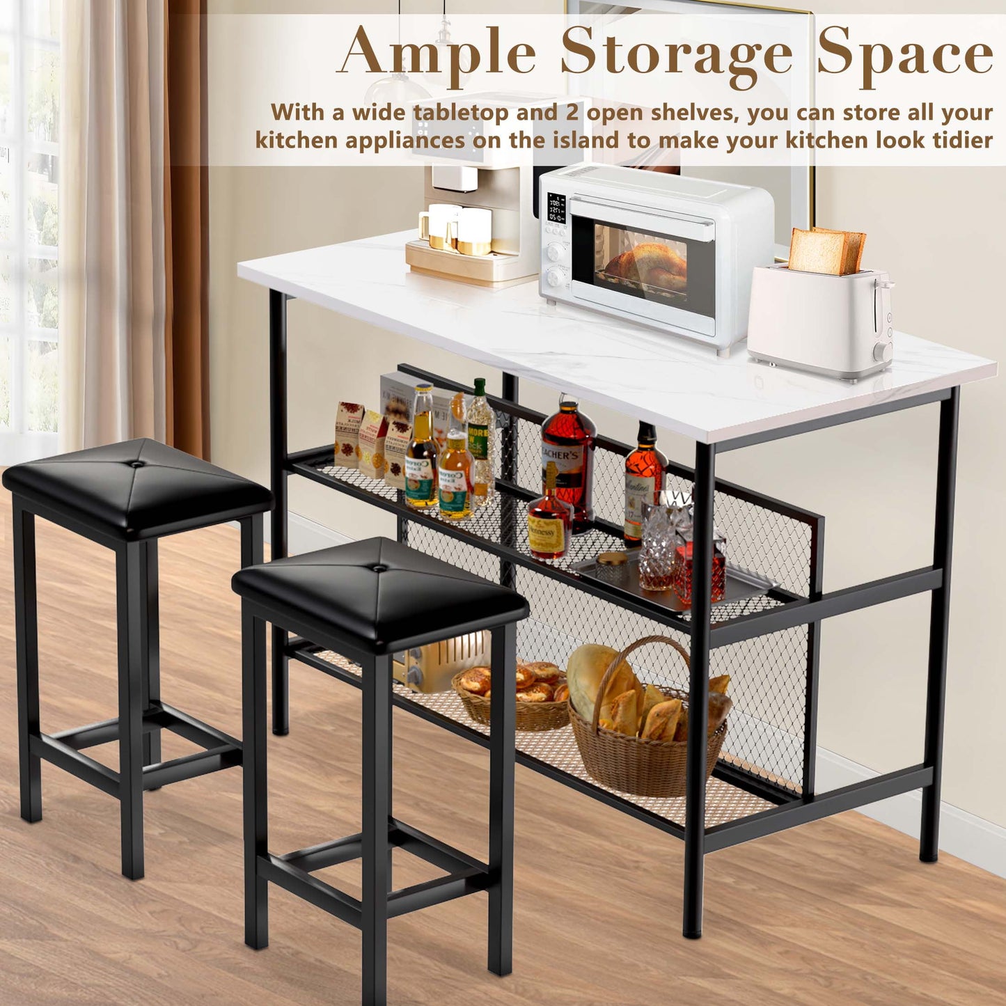 Kitchen Island With Seating, Faux Marble Counter Height Dining Set for 2, 3 Piece Dining Pub Set with Storage, Small Bar Dining Table Sets for Breakfast Nook with Upholstered Chairs, Brown