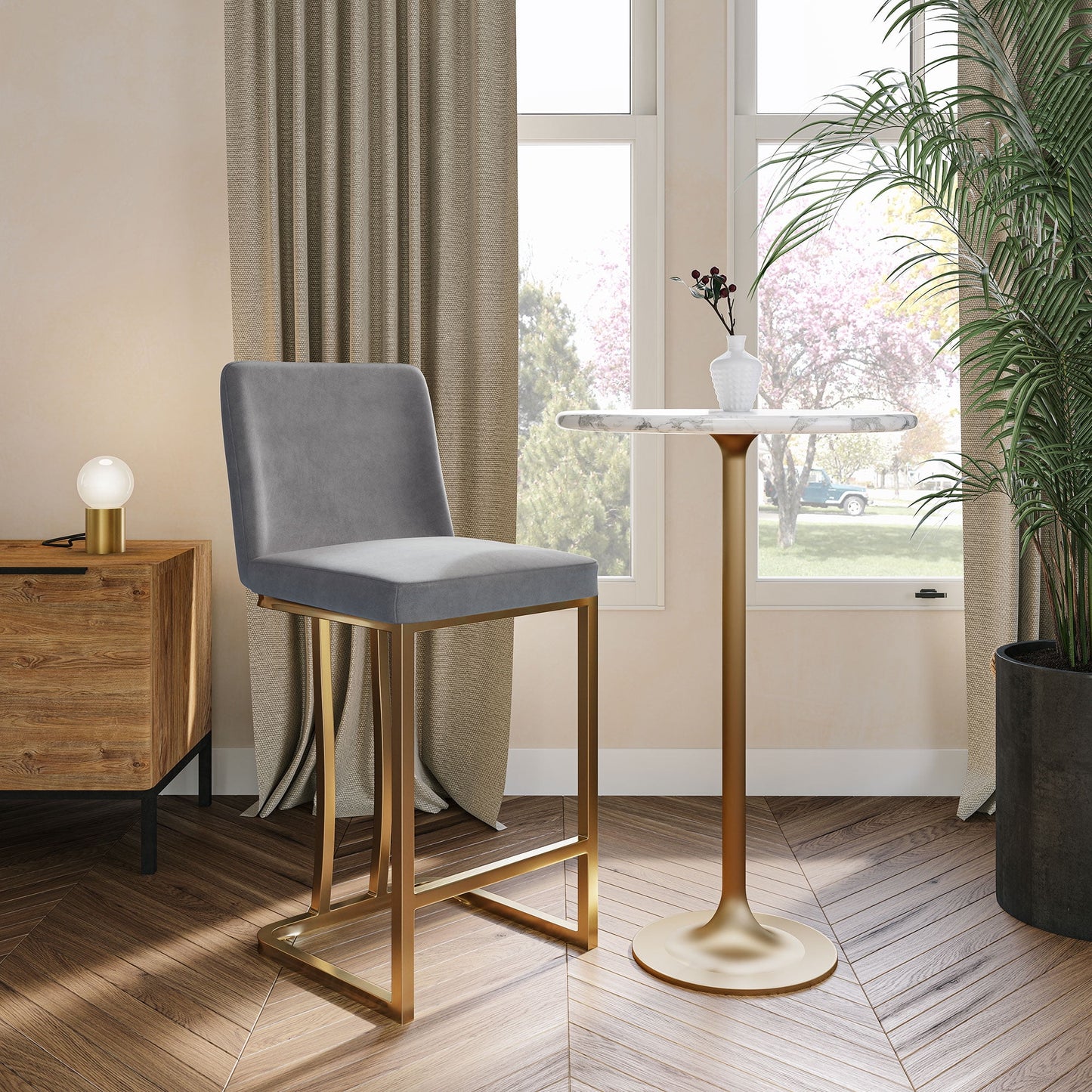 BELLEZE 24 Inch Barstools Counter Stools Set of 2, Upholstered Bar Stools with Gold Metal Frame, Modern Counter Height Chairs Kitchen Stools for Home and Restaurant - Hutton (Grey)