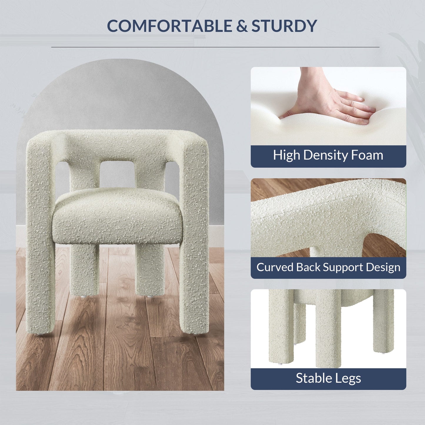 BELLEZE Modern Boucle Chairs Set of 2, Linen Dining Chairs with Barrel Sidearms and Back, Minimalist Upholstered Kitchen Armchairs for Dining Room - Lisbon (Cream)