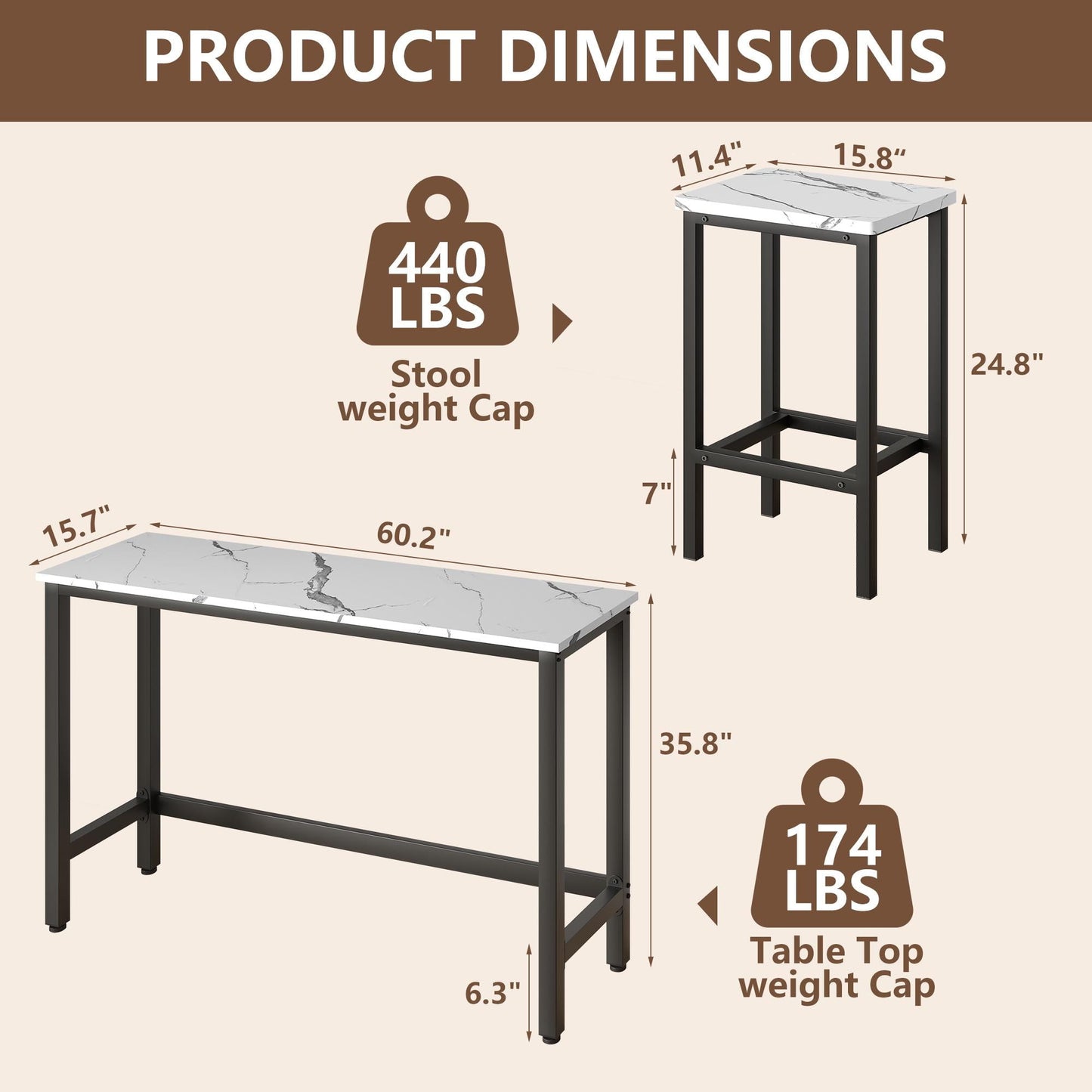 Enyopro 4 Piece High Countertop Dining Set, Bar Table with 3 Tall Chairs, Ideal for Apartment, Kitchen, White