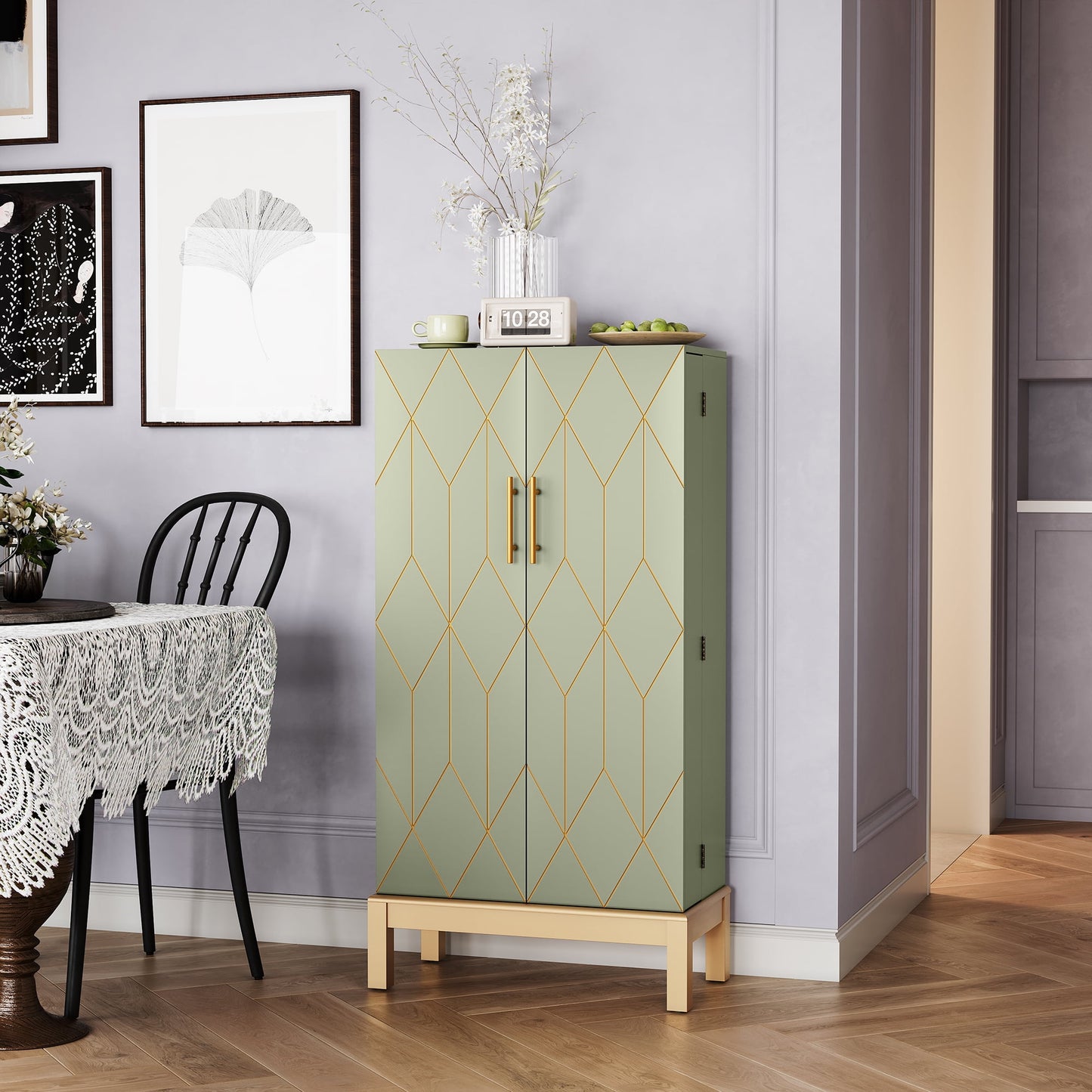 CBJCBJ 45in H Modern Kitchen Pantry Cabinet with 2-Door Adjustable Shelves and Golden Feet, White