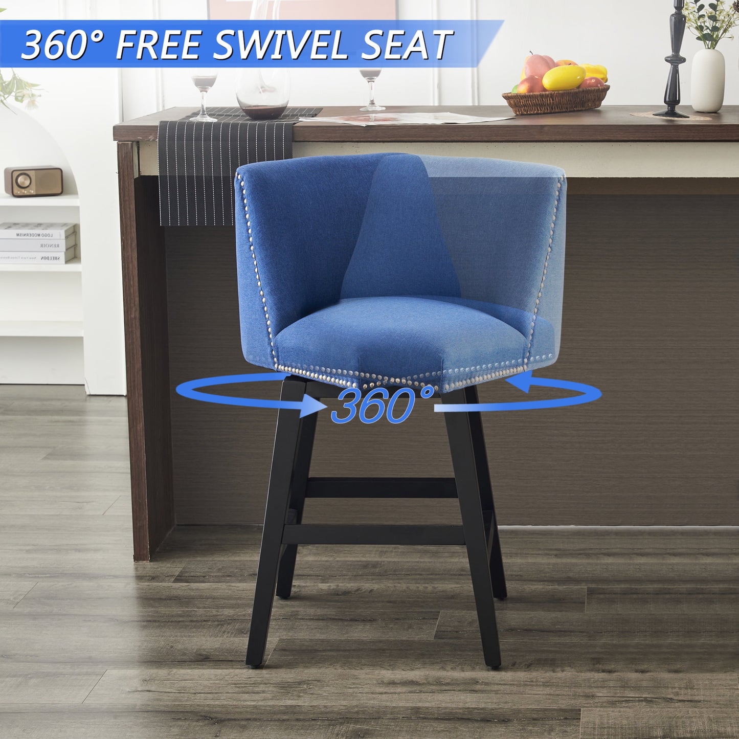 26in Swivel Bar Stools Set of 2, Counter Height Barstools with Nailhead Trims Back, Upholstered Bar Chairs with Wood Legs and Footrest, for Kitchen Island Bar Cafe, Blue
