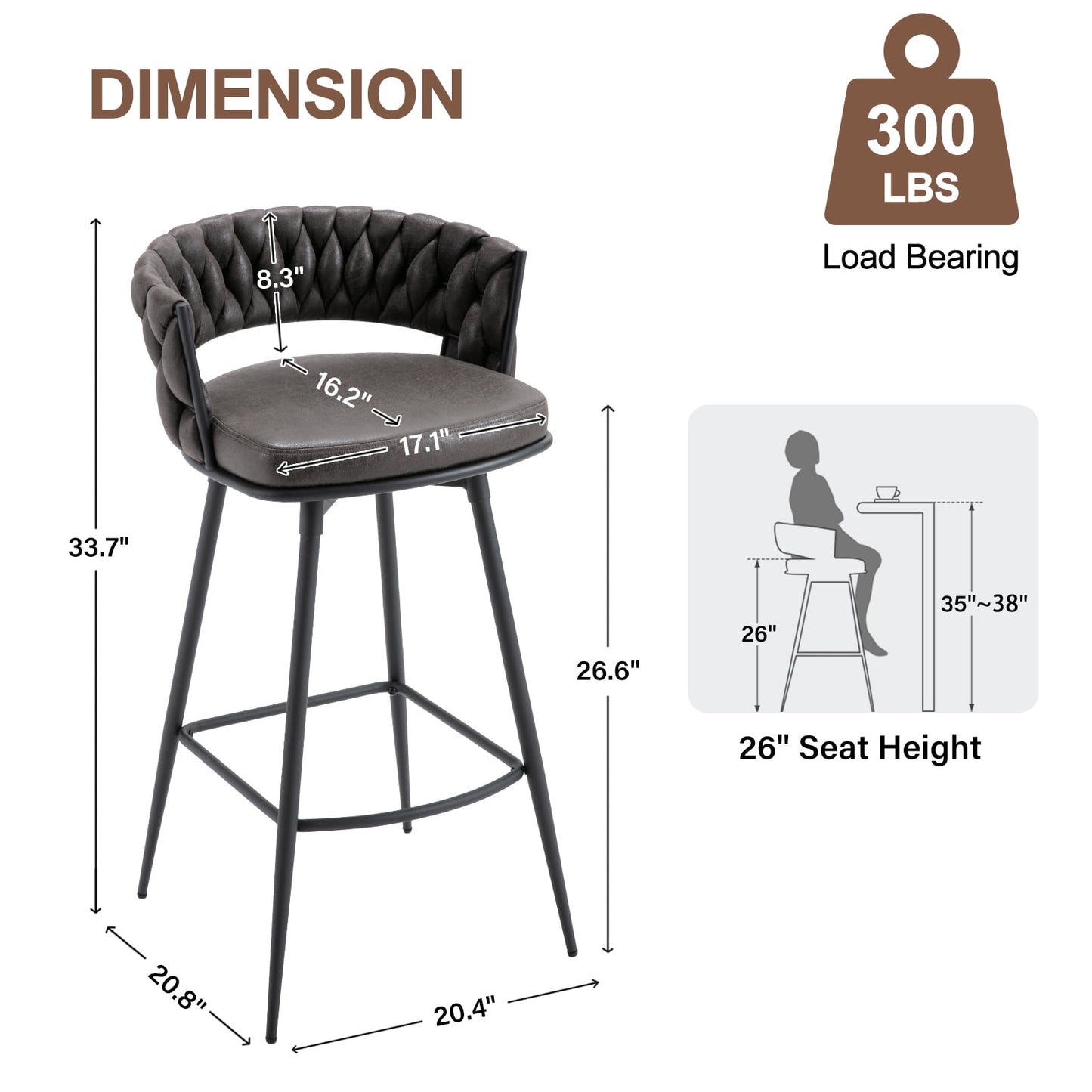 26in Bar Stool Set of 2, Modern Counter Height Barstools with Woven Back and Footrest, 180?? Swivel Suede Fabric Stool Chairs for Kitchen Island, Cafe, Pub, Blackgray