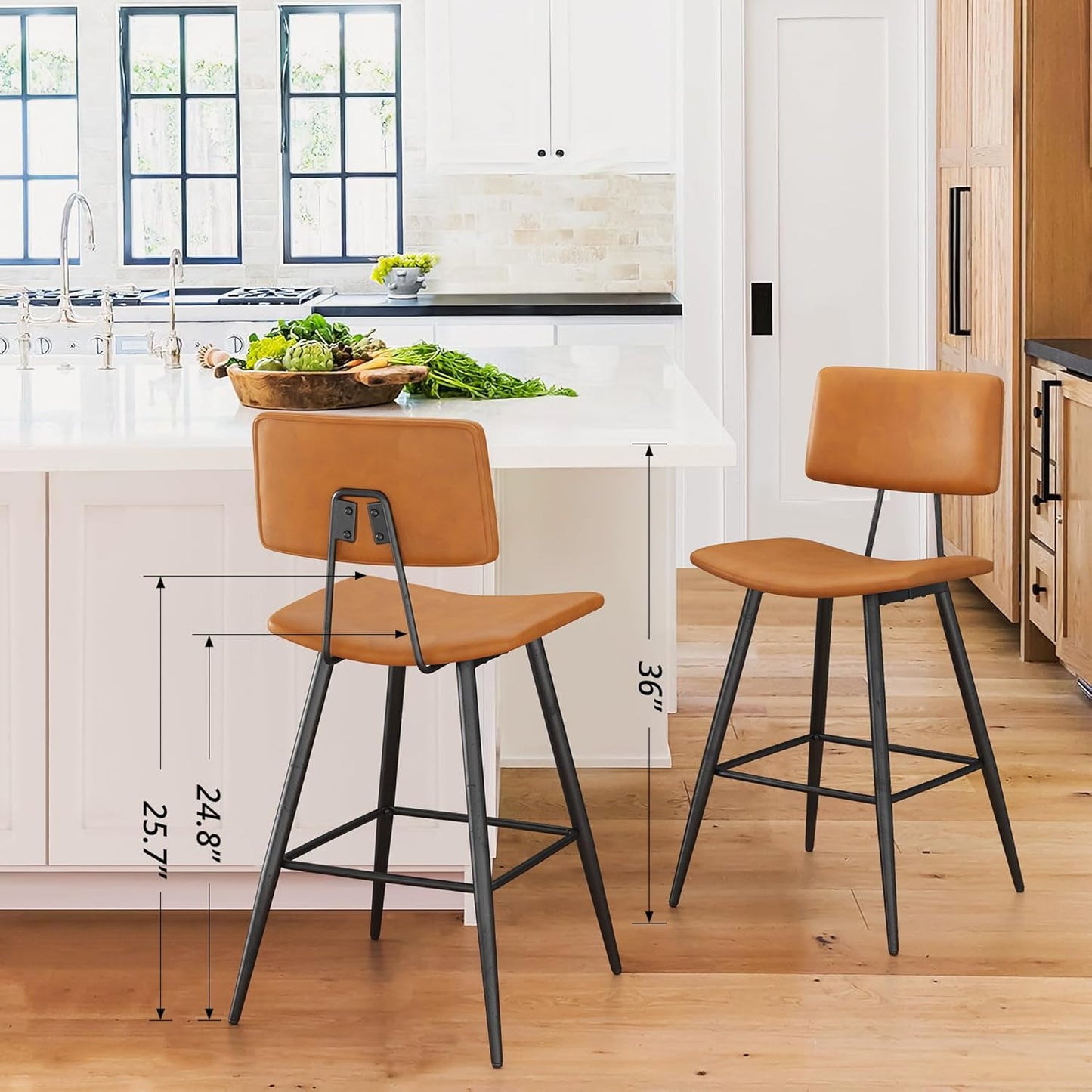 Dycanpo 24.5in Counter Height Bar Stools Set of 3, Faux Leather Upholstered Barstools, Brown