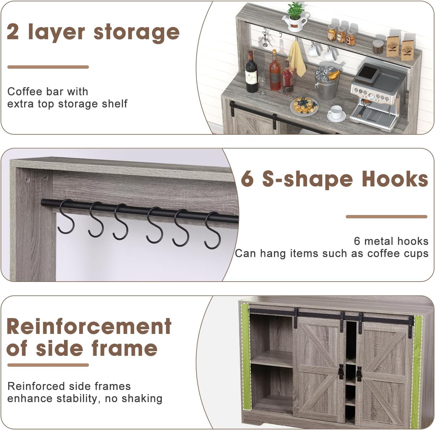 SNYNUXX 47?Æù Sideboard Cabinet, Storage Cabinet Buffet Table with Wine Rack & 6 Hooks, Storage for Kitchen and Living Room, Washed Gray