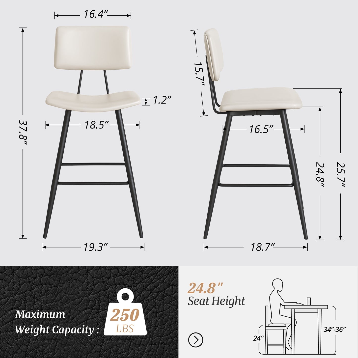 Dycanpo 24.5in Counter Height Bar Stools Set of 2, Faux Leather Upholstered Barstools, White