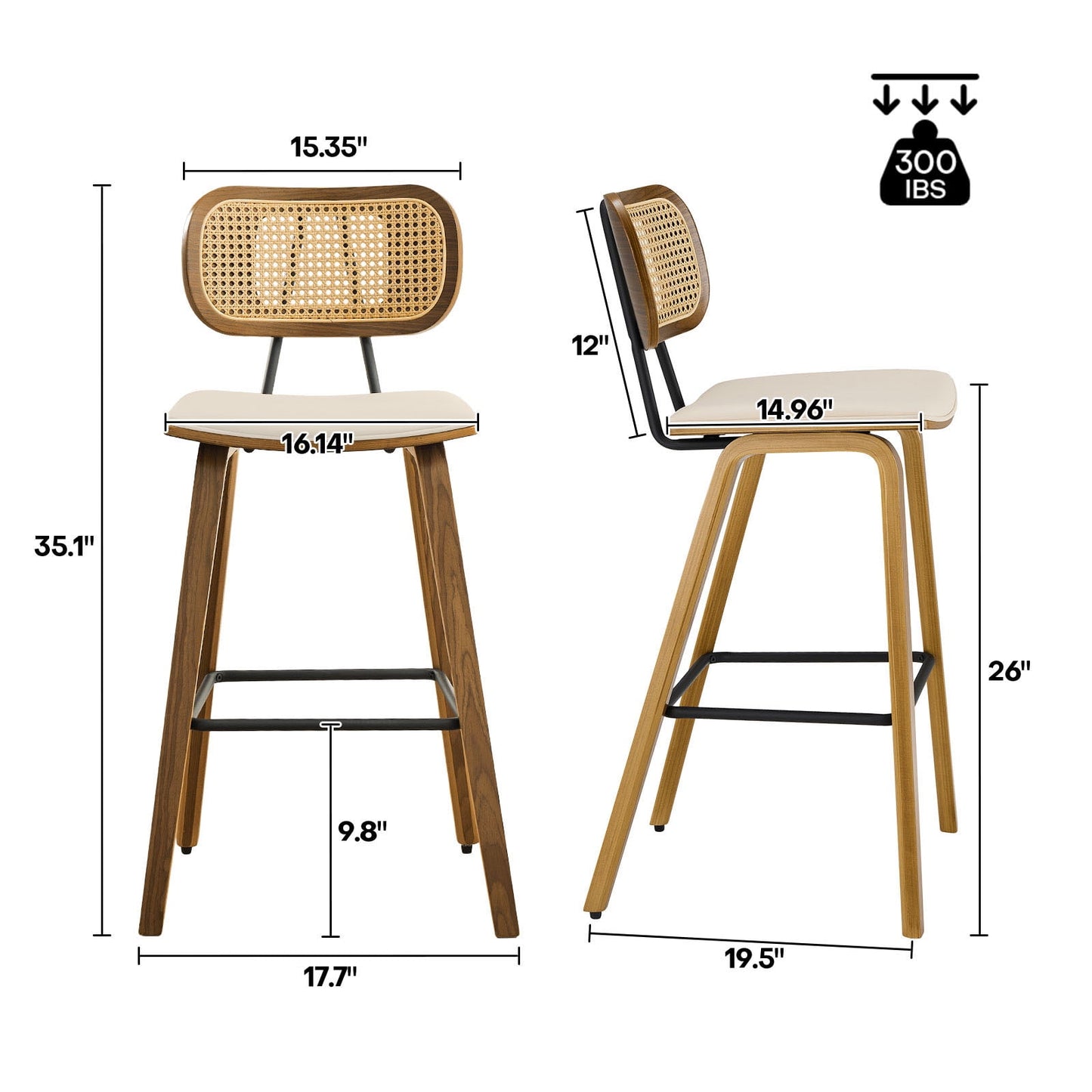 26in Counter Height Bar Stools with Rattan Back, Mid Century Modern Wooden Stool PU Leather Upholstered Bar Chair for Kitchen Island Dining Room, White