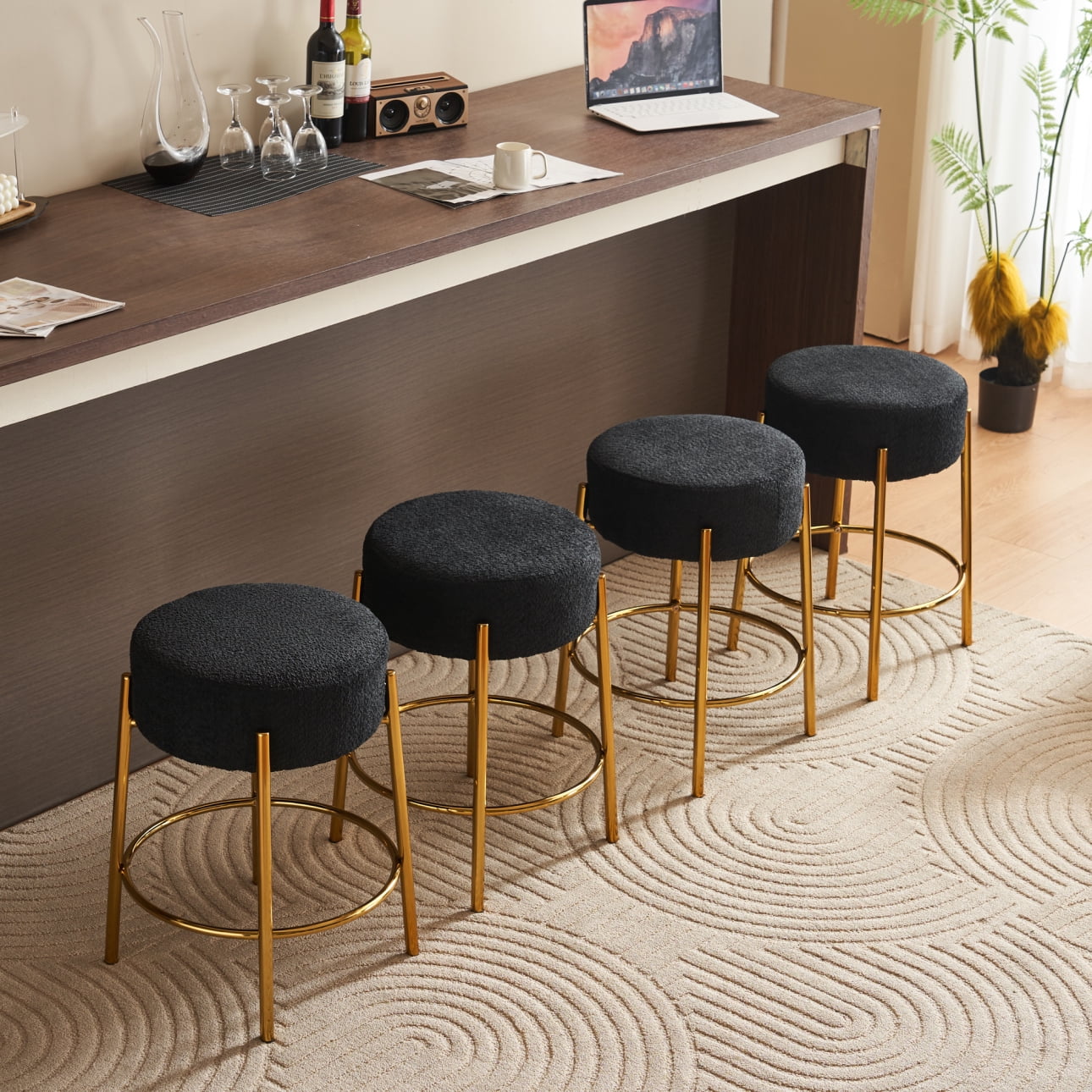 24in Round Bar Stools Set of 2,Counter Height Stools with Teddy Fabric Upholstered,Backless Kitchen Island Stools,Backless Dining Seat with Metal Base, Black&Golden