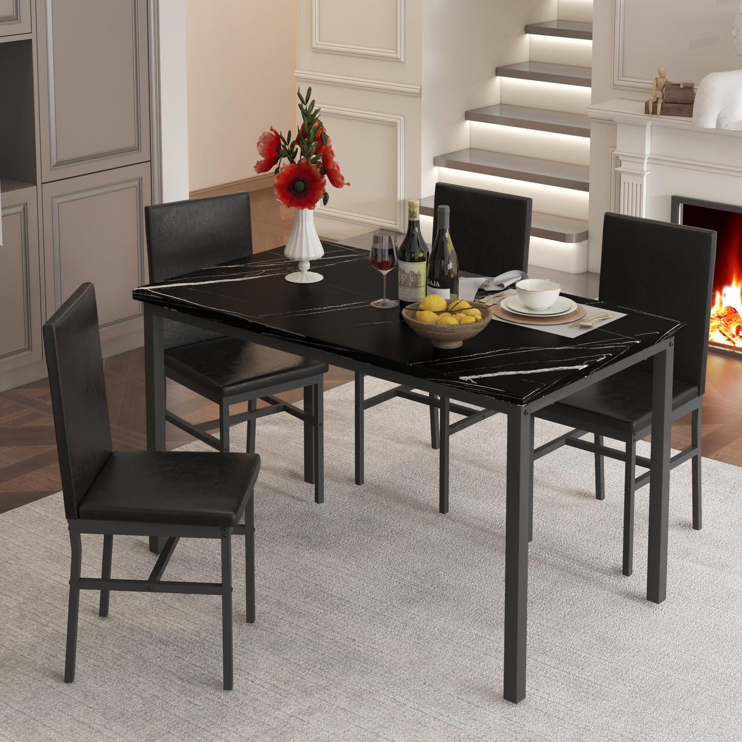 SEGAMRT 5 Piece Dining Table Set for Apartments, Faux Marble Tabletop 4 Leather Chairs Kitchen Dining