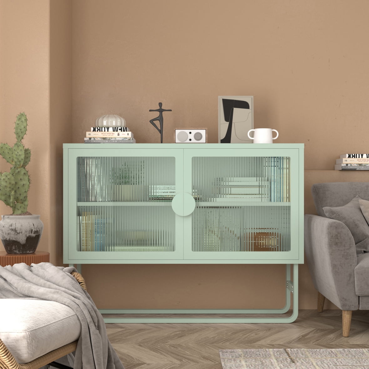 2-Tier Stylish Tempered Glass Cabinet, Fluted Glass Sideboard Buffet Cabinet with 2 Door, Modern Enclosed Cupboard Adjustable Shelf U-shaped Leg for Kitchen Living Room ,Blue