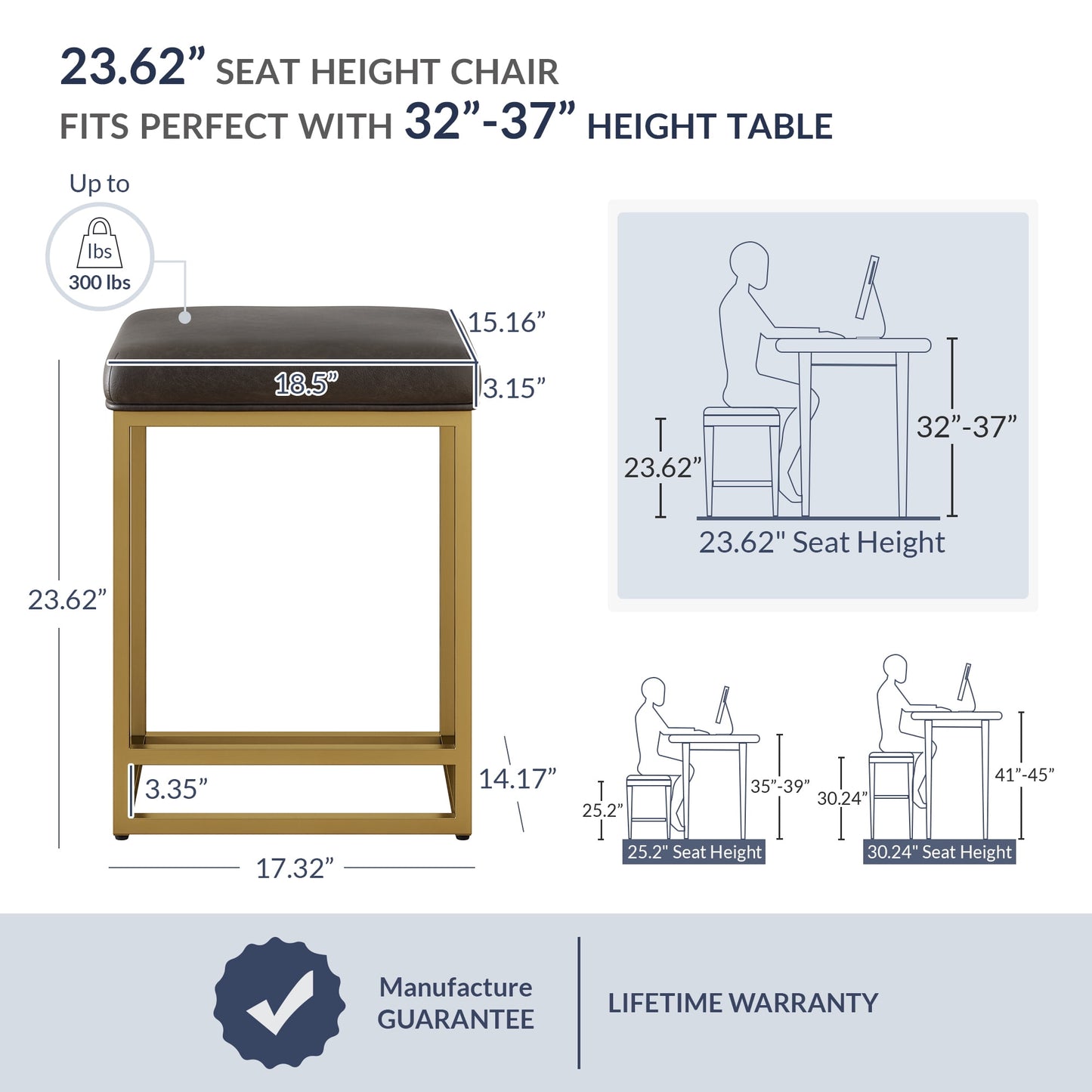 BELLEZE 24in Backless Bar Stools Set of 2, Counter Height Barstools, Modern Upholstered PU Leather Counter Stools with Metal Base Kitchen Island Chairs Dining Chair, Grey & Gold