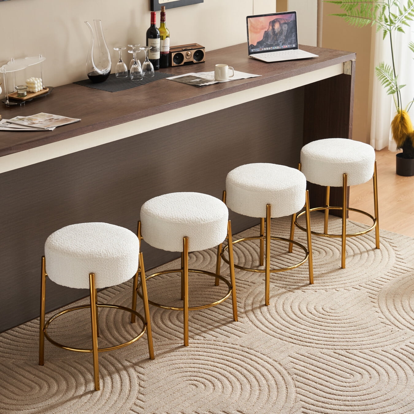 24in Round Bar Stools Set of 2,Counter Height Stools with Teddy Fabric Upholstered,Backless Kitchen Island Stools,Backless Dining Seat with Metal Base, Beige&Golden