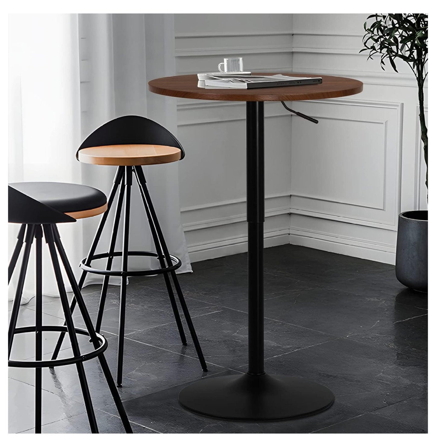 23.5in Round Pub Table, 360 Degree Swivel Cocktail Bar Table with Black Leg, Adjustable Height Range 27.5in -35.7in for Living Room Kitchen (Brown)